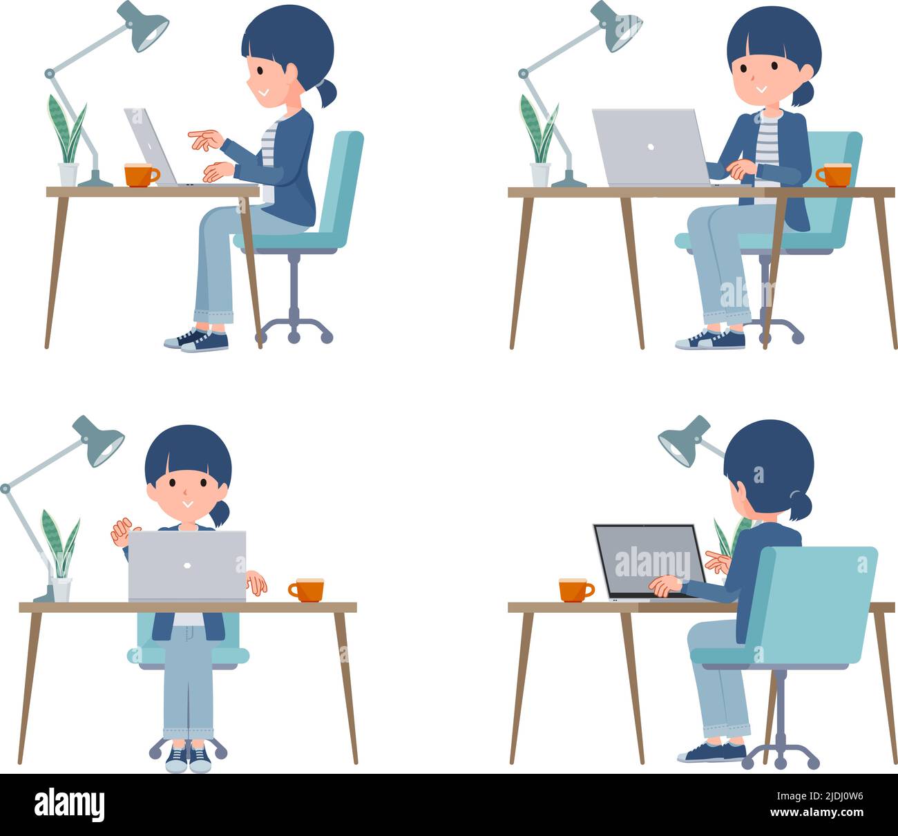A set of natural style women working at a desk at a computer.It's vector art so easy to edit. Stock Vector