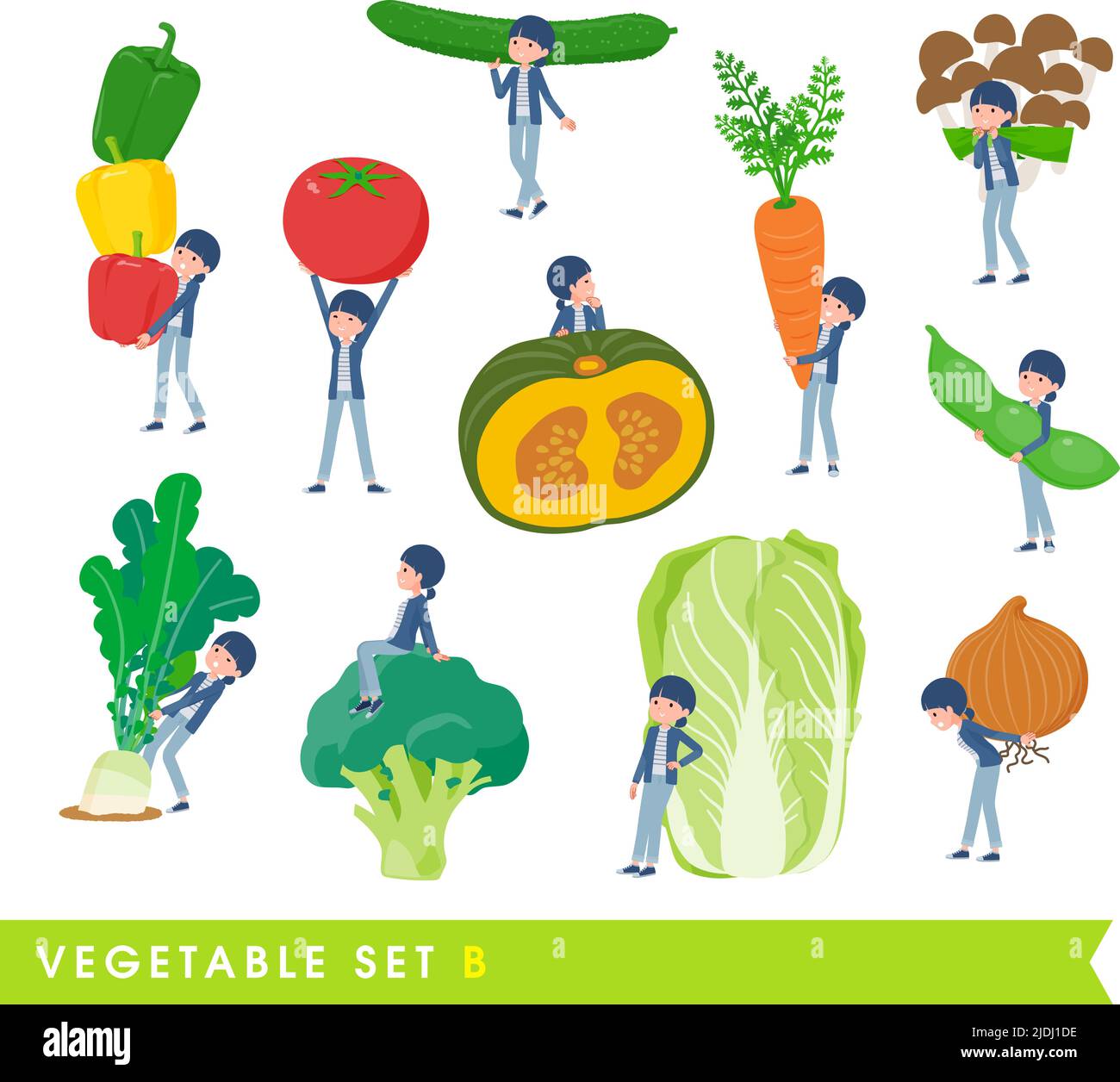 A set of natural style women and vegetables.type B.It's vector art so easy to edit. Stock Vector