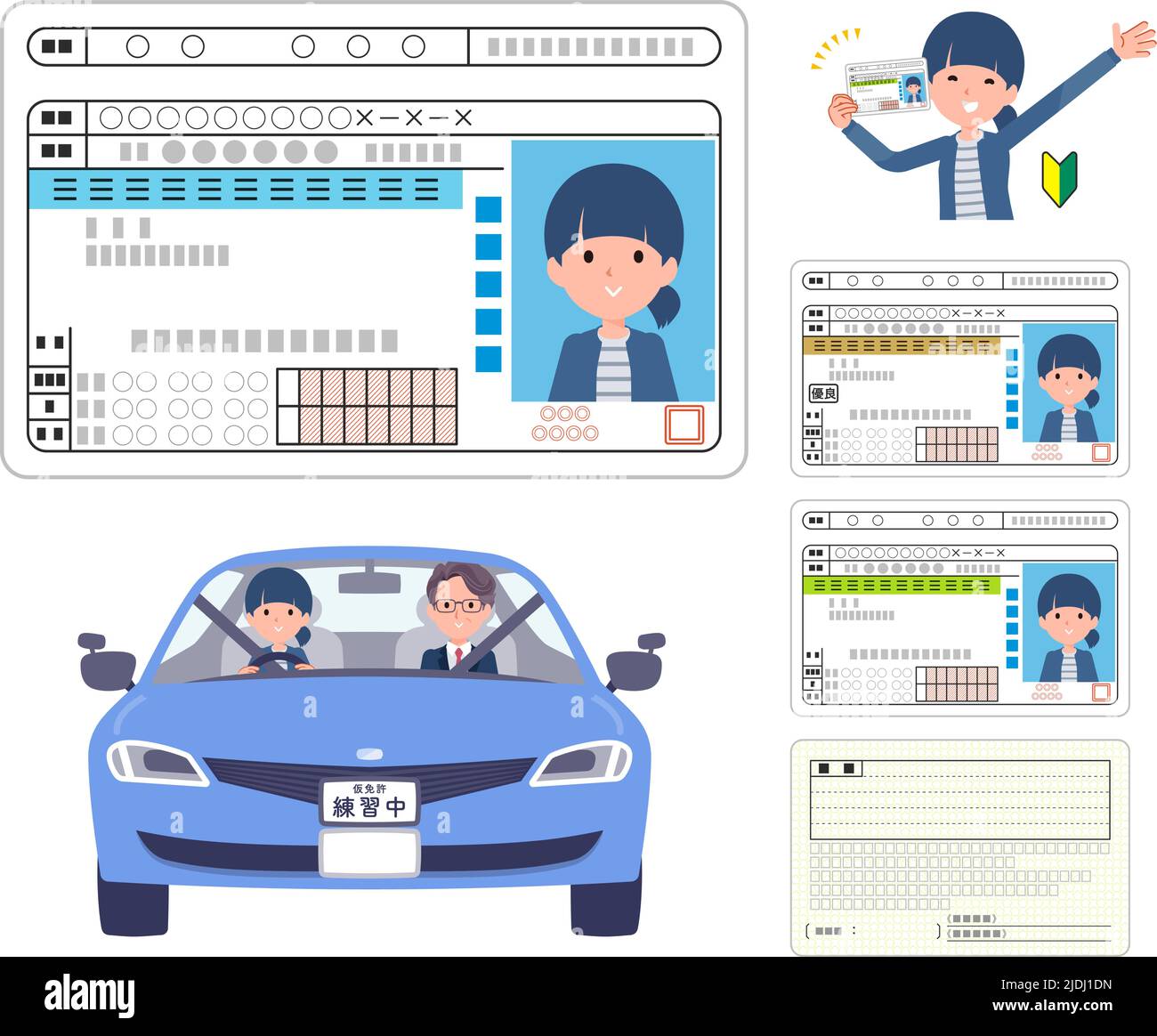 A set of natural style women who get a driver's license.It's vector art so easy to edit. Stock Vector