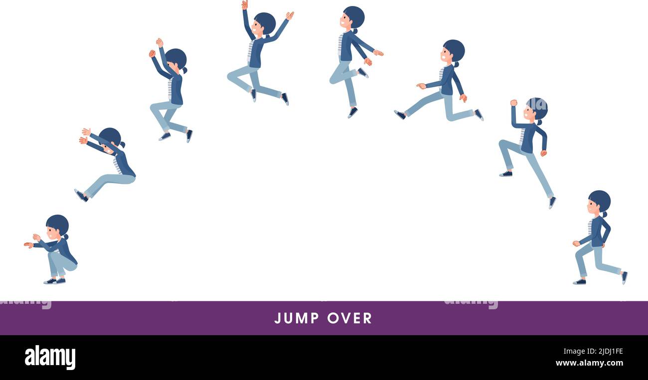 A set of natural style women who jump over big.It's vector art so easy to edit. Stock Vector