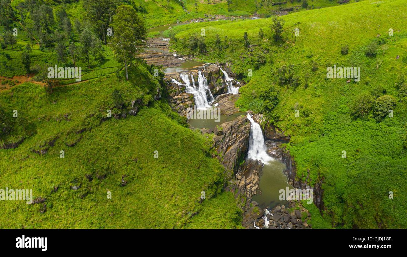 Aerial view of waterfall in the mountains and tea plantation. St. Clair Falls, Sri Lanka Stock