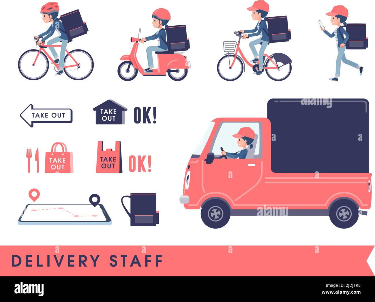 A set of natural style women doing delivery.It's vector art so easy to edit. Stock Vector