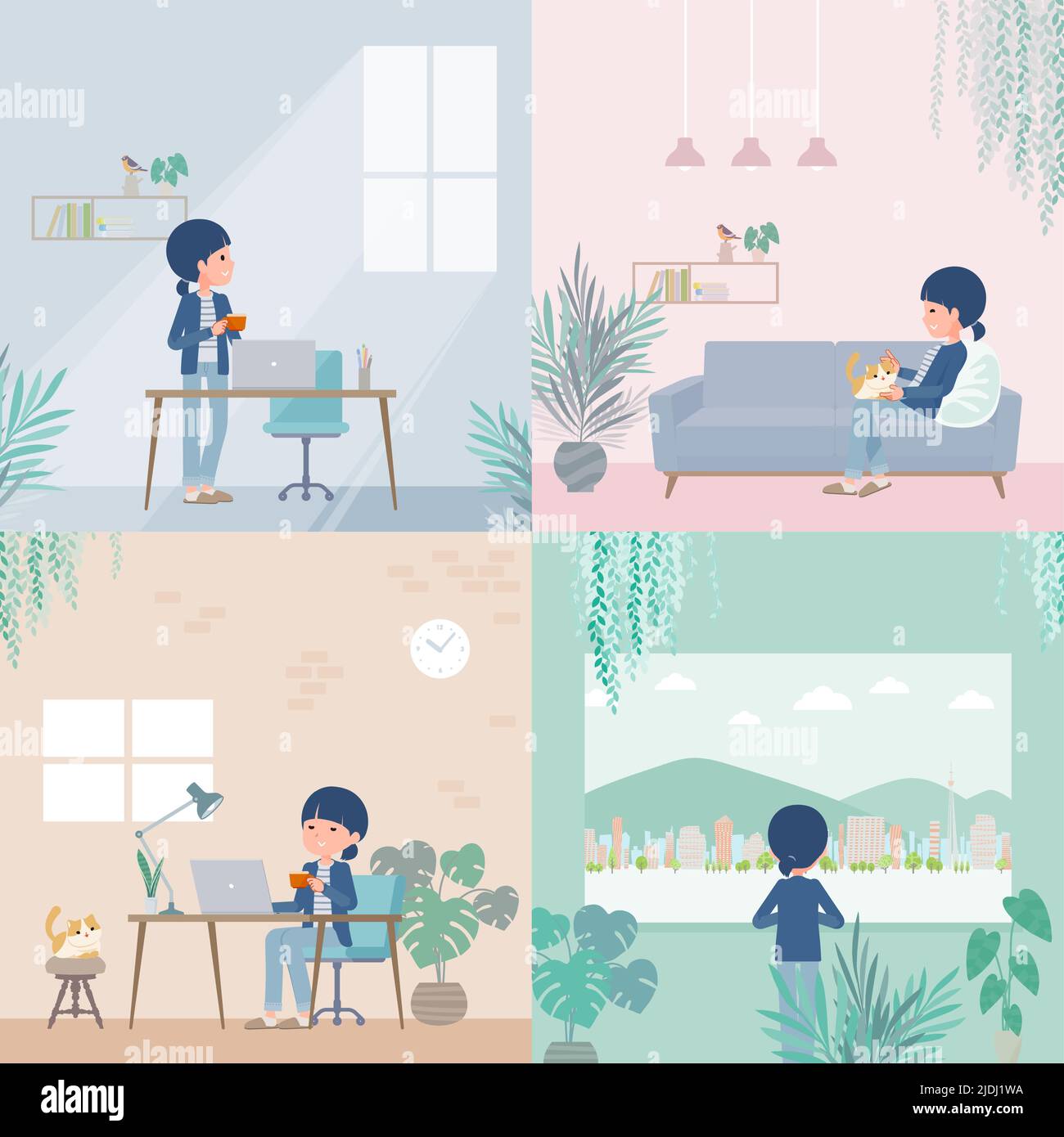 A set of natural style women relaxing in the room.  It's vector art so easy to edit. Stock Vector