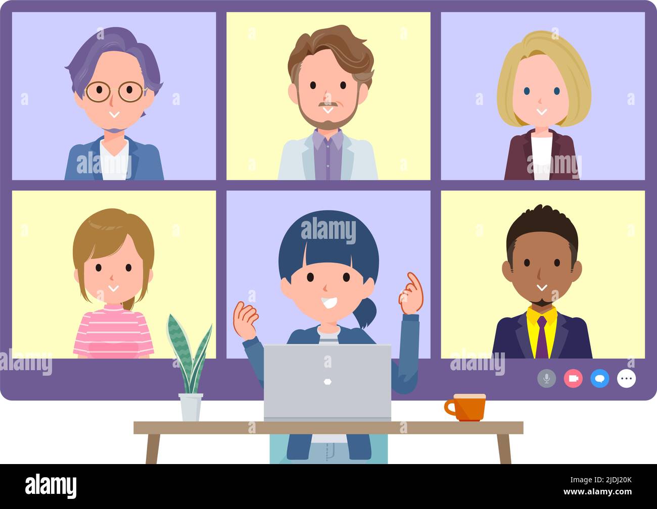 A set of natural style women having an online meeting with multiple people. Front angle.It's vector art so easy to edit. Stock Vector