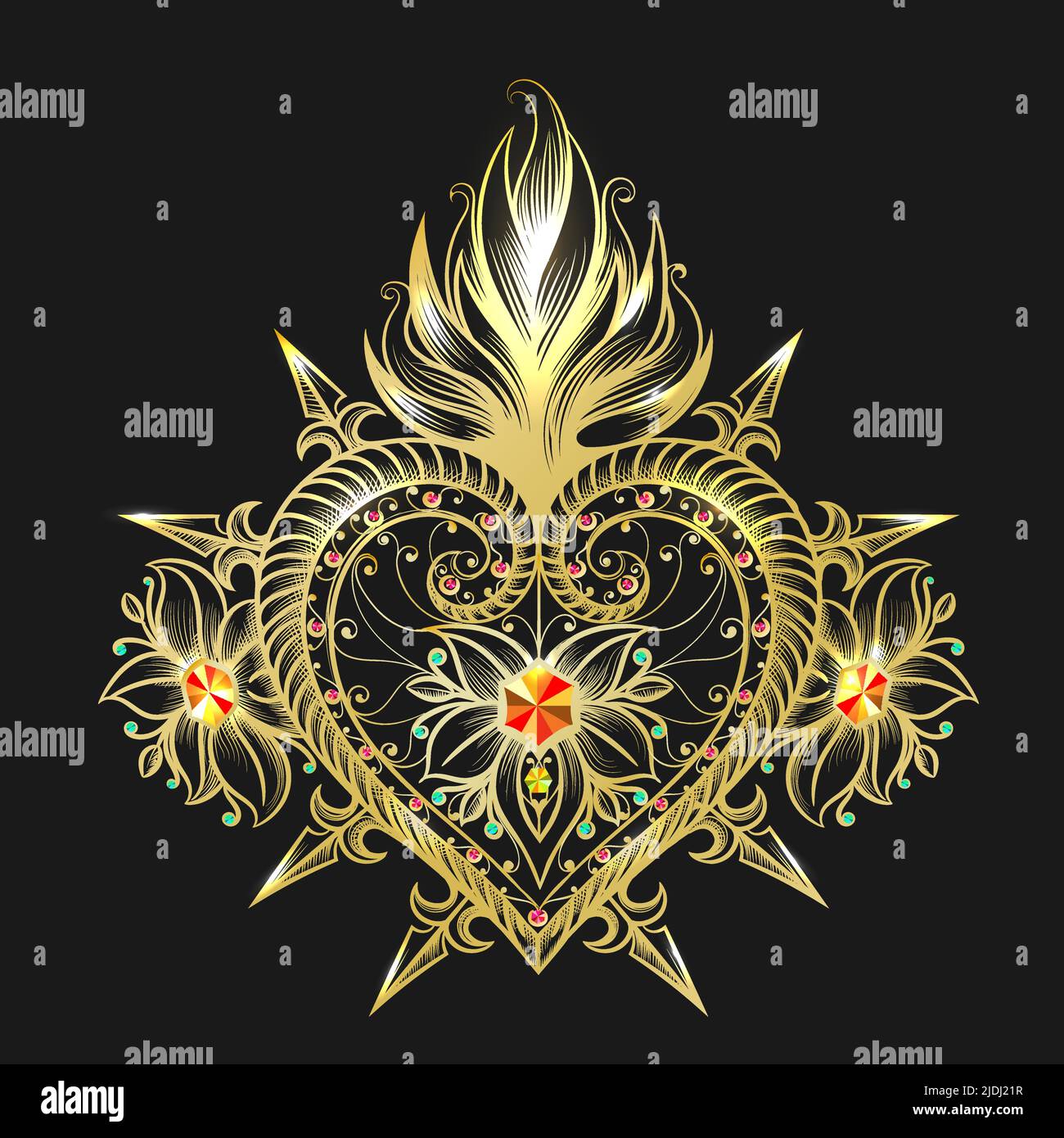 Golden Sacred Heart Symbol Isolated on Black. Vector illustration. Stock Vector