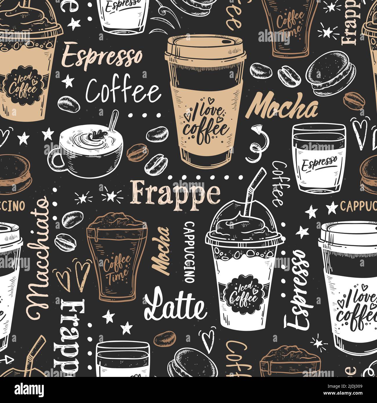 Lovely hand drawn coffee seamless pattern, cute doodle background, great for banners, wallpapers, wrapping, fabrics - vector design Stock Vector