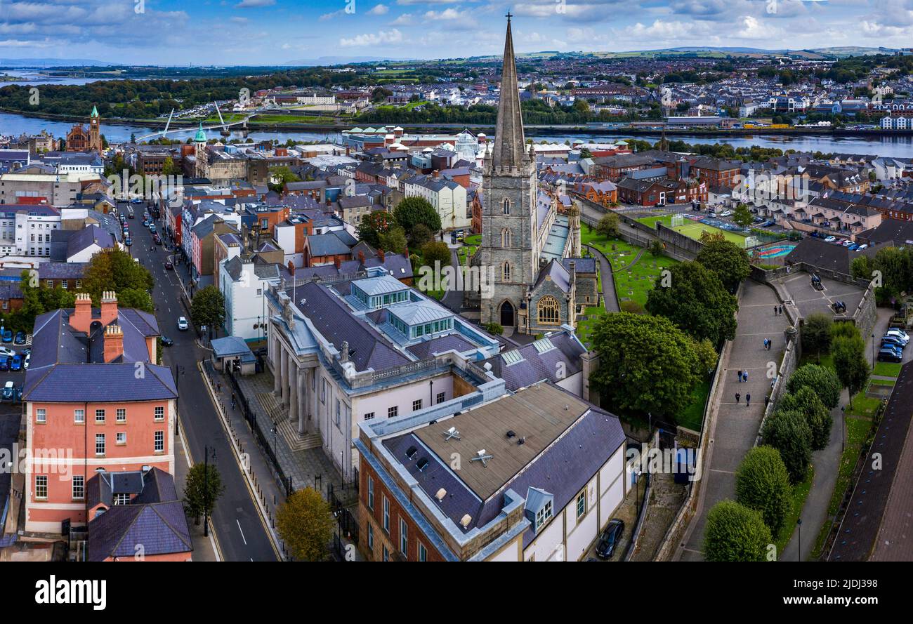 Aerial of St, Columb's Cathedral in Derry City, Northern Ireland Stock Photo