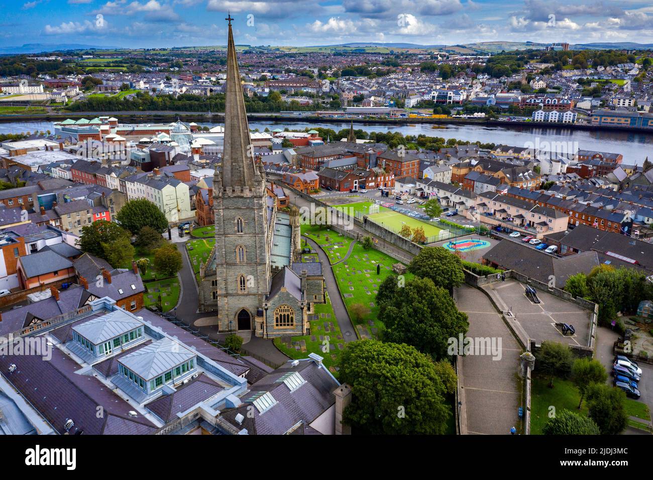 Aerial of St, Columb's Cathedral in Derry City, Northern Ireland Stock Photo