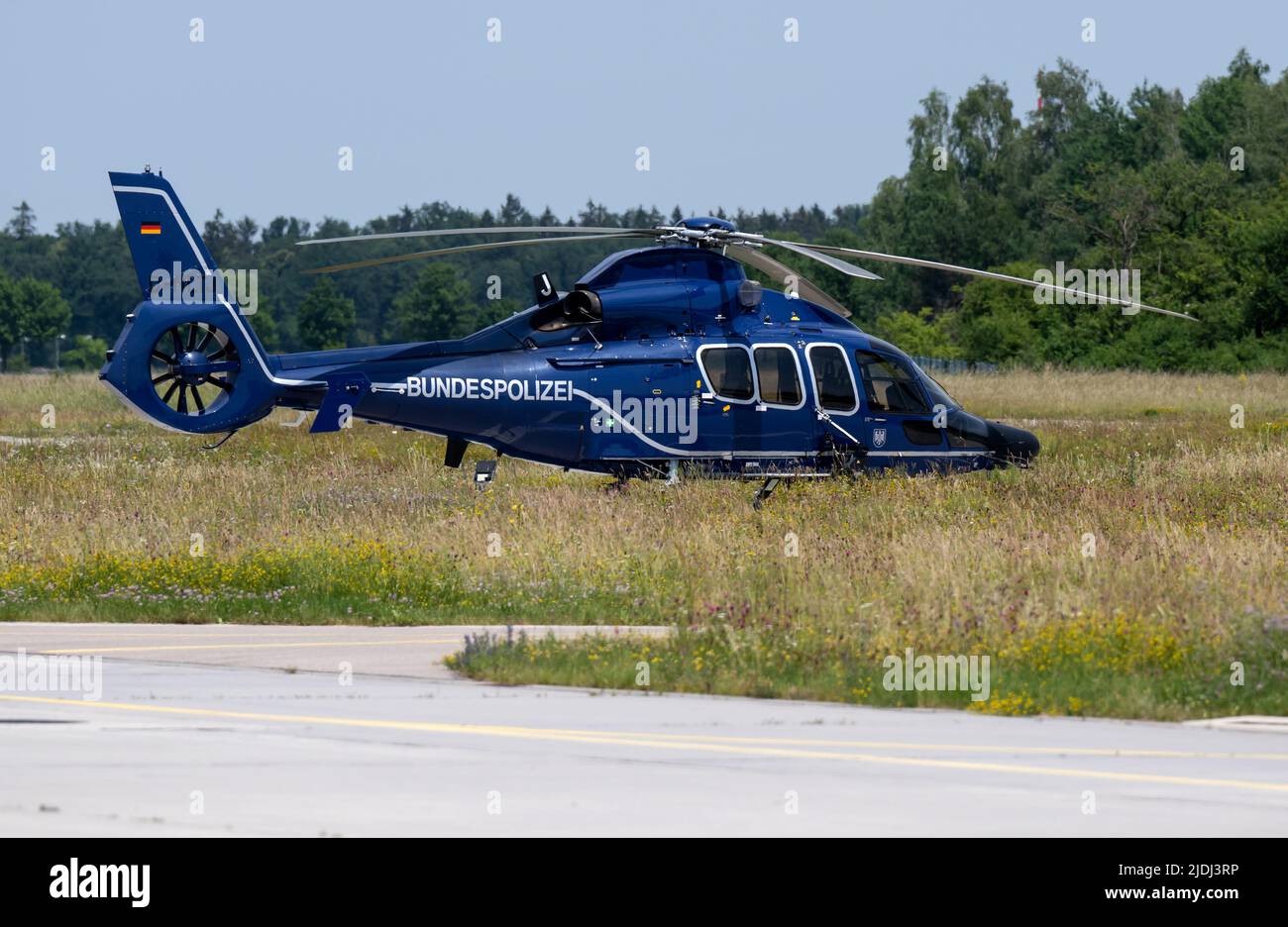 21 June 2022, Bavaria, Oberschleißheim: An 'EC 155' helicopter from Airbus Helicopters stands on the tarmac during a press event about the deployment, tasks and activities of the Federal Police's flying squadron in the context of the G7 summit. The G7 Summit is scheduled to take place at Schloss Elmau from June 26 to 28, 2022. Photo: Sven Hoppe/dpa Stock Photo