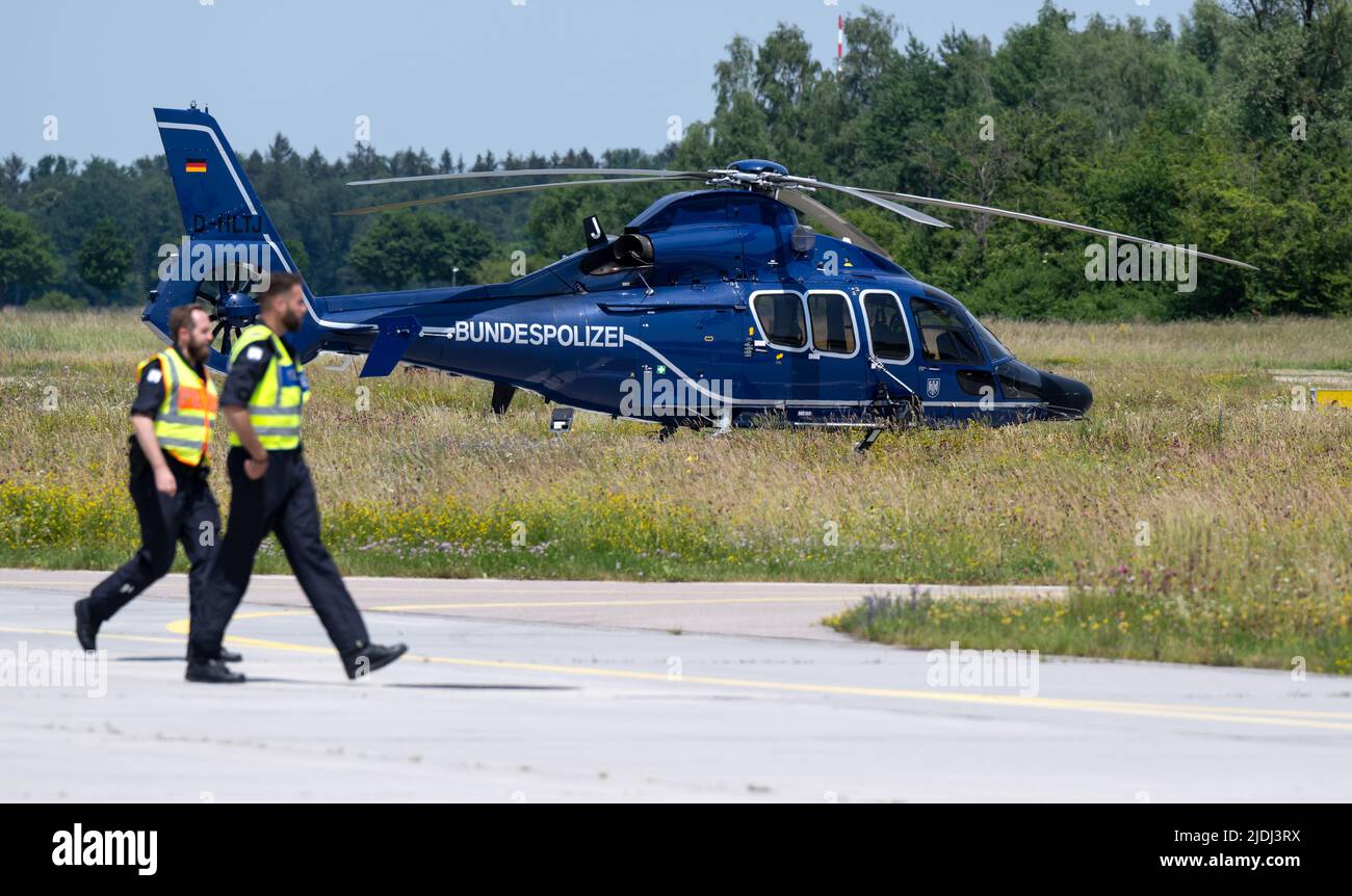 21 June 2022, Bavaria, Oberschleißheim: An 'EC 155' helicopter from Airbus Helicopters stands on the tarmac during a press event about the deployment, tasks and activities of the Federal Police's flying squadron in the context of the G7 summit. The G7 Summit is scheduled to take place at Schloss Elmau from June 26 to 28, 2022. Photo: Sven Hoppe/dpa Stock Photo