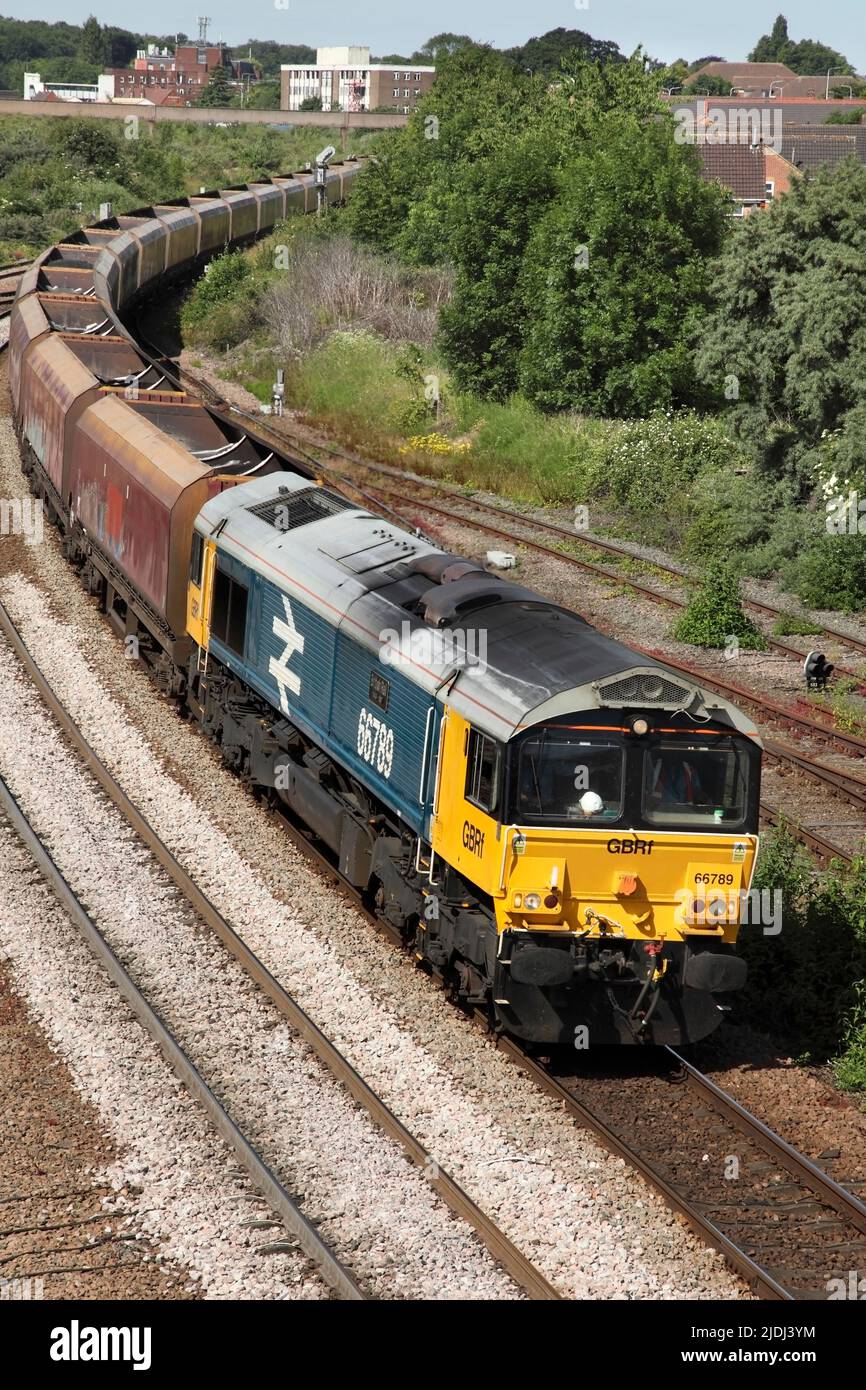 GB Railfreight Class 66 loco 66789 hauls the 6Z59 0730 Ratcliffe Power Station to Immingham empty coal wagons service through Scunthorpe on 21/6/22. Stock Photo