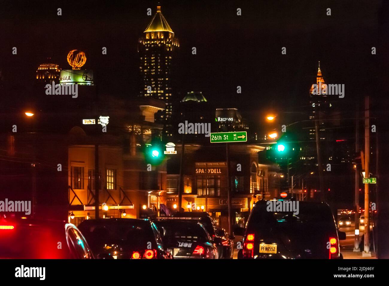 Nighttime city traffic on Peachtree Road in Midtown Atlanta, Georgia. (USA) Stock Photo