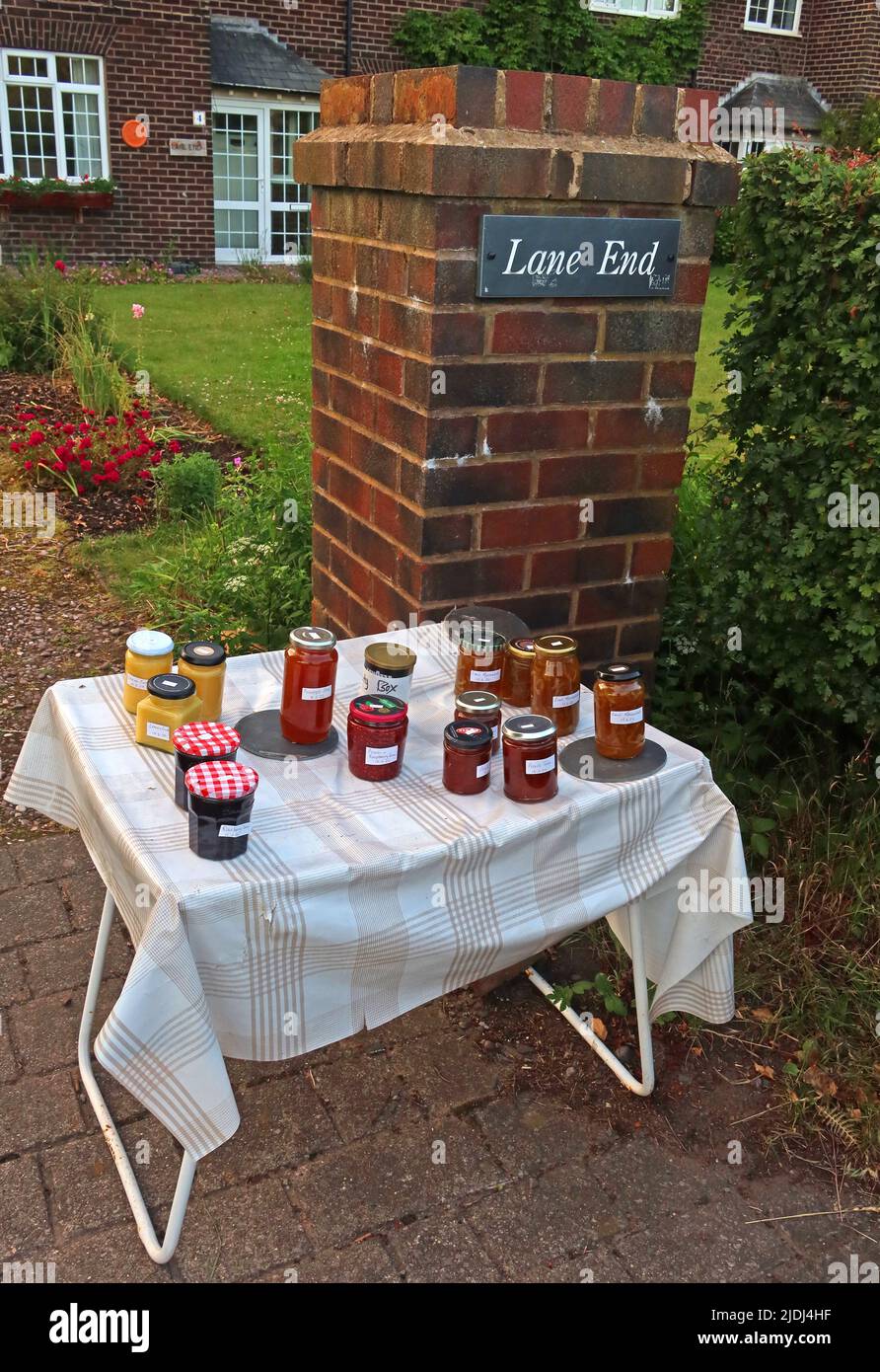 Lane End Charity homemade Jam, Stockton Lane, Grappenhall, Warrington, Cheshire, England, UK, WA4 3HQ Stock Photo