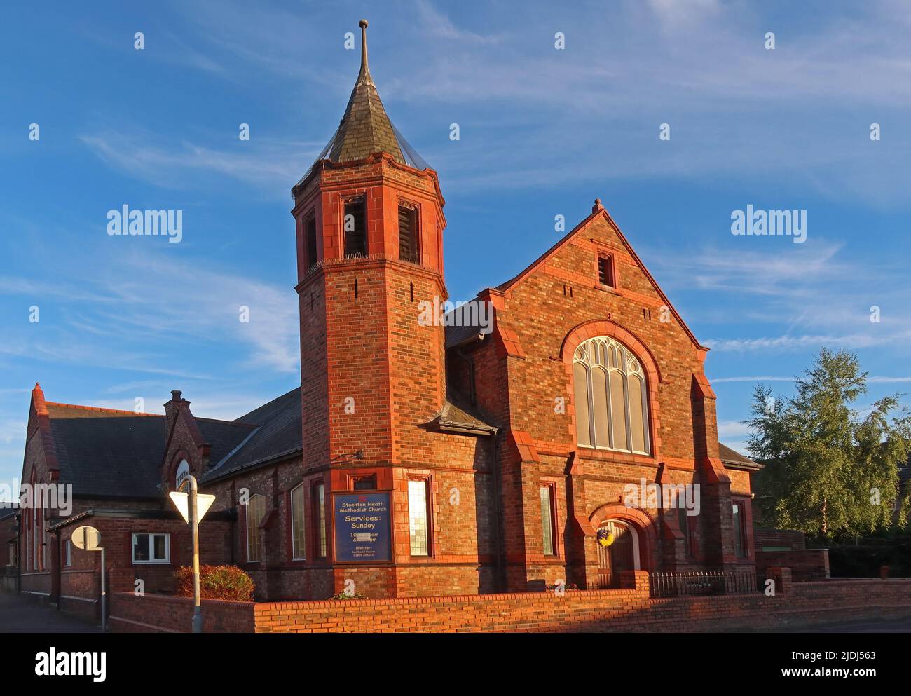 Stockton Heath Methodist Church, at sunset, 2 Heath St, Stockton Heath, Warrington, Cheshire, England, UK, WA4 6LP Stock Photo