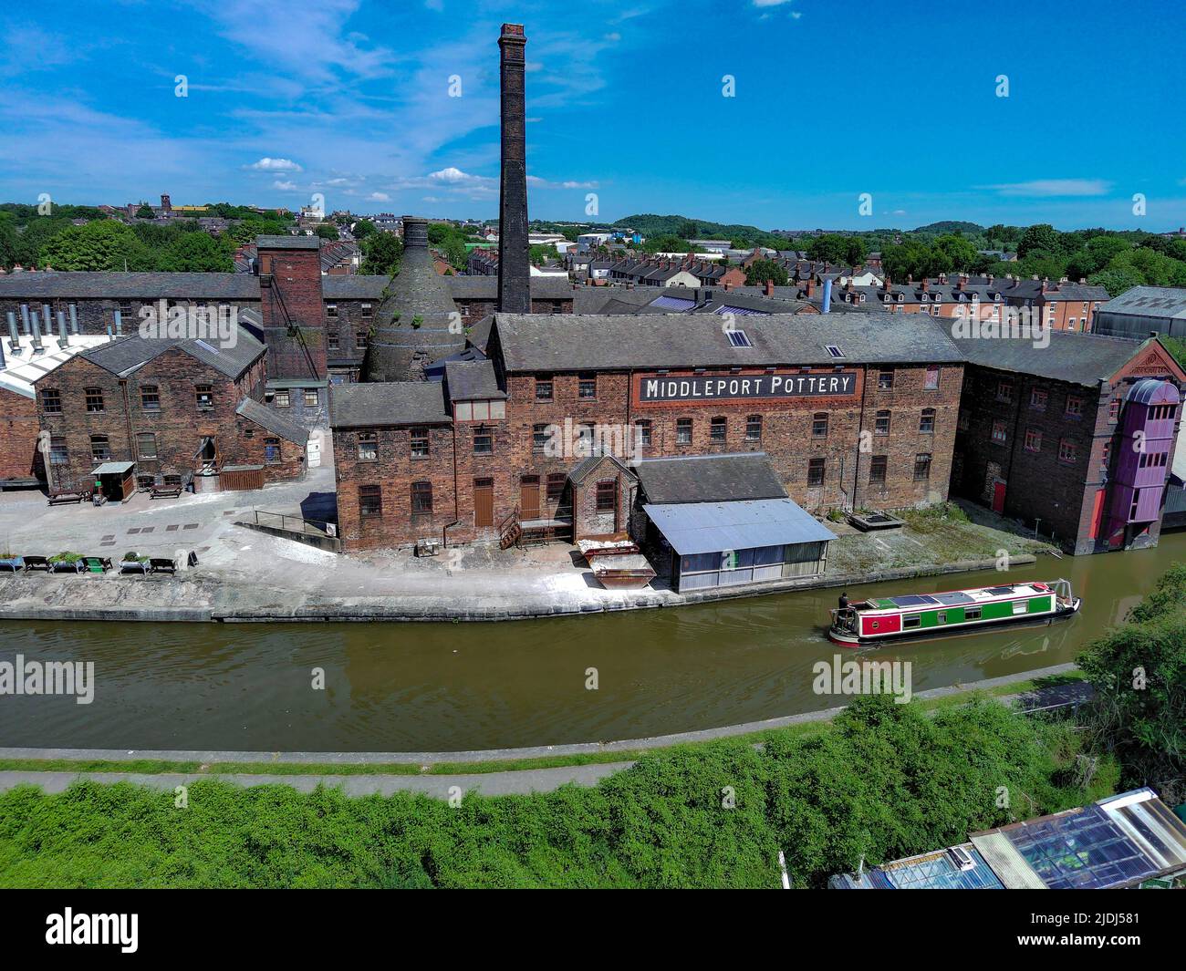 The Caldon Canal and Middleport Pottery  with a sunken boat Aerial Drone Stock Photo