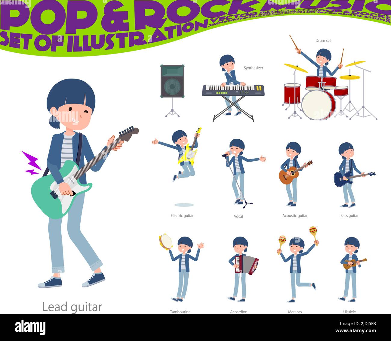 A set of natural style women playing rock 'n' roll and pop music.It's vector art so easy to edit. Stock Vector