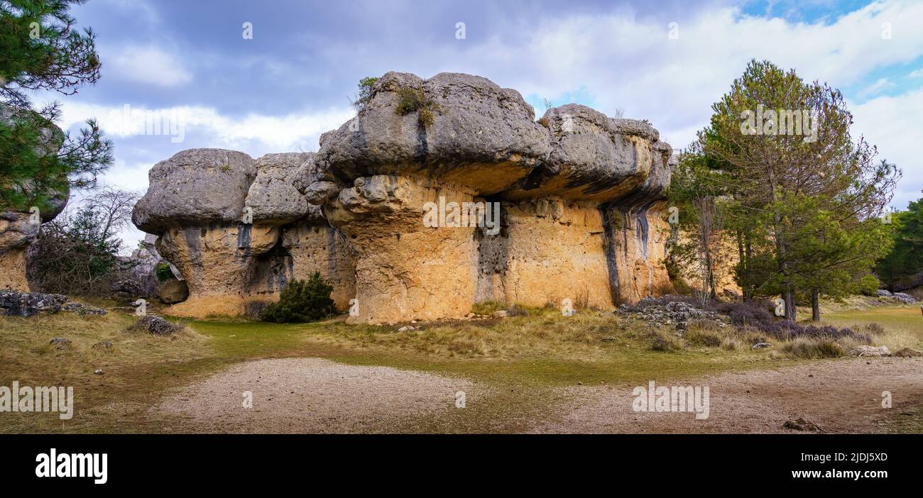 Panoramic view of the incredible rock shapes eroded by time in the park of Ciudad Encantada de Cuenca. Stock Photo