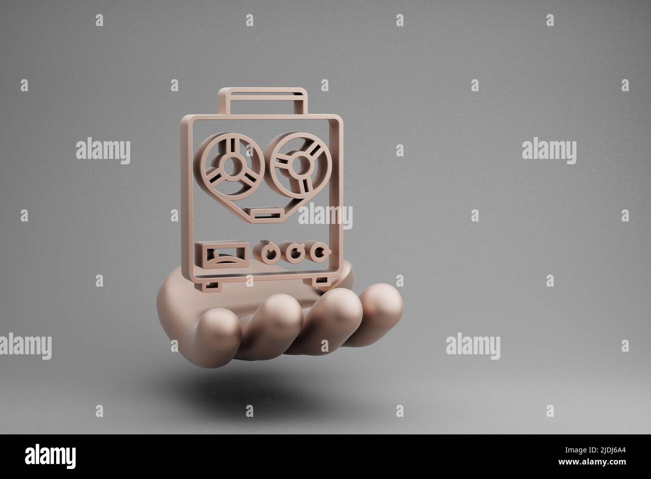 Beautiful abstract illustrations Golden Hand Holding musical Old Audio Recorder symbol icon on a gray background. 3d rendering illustration. Backgroun Stock Photo