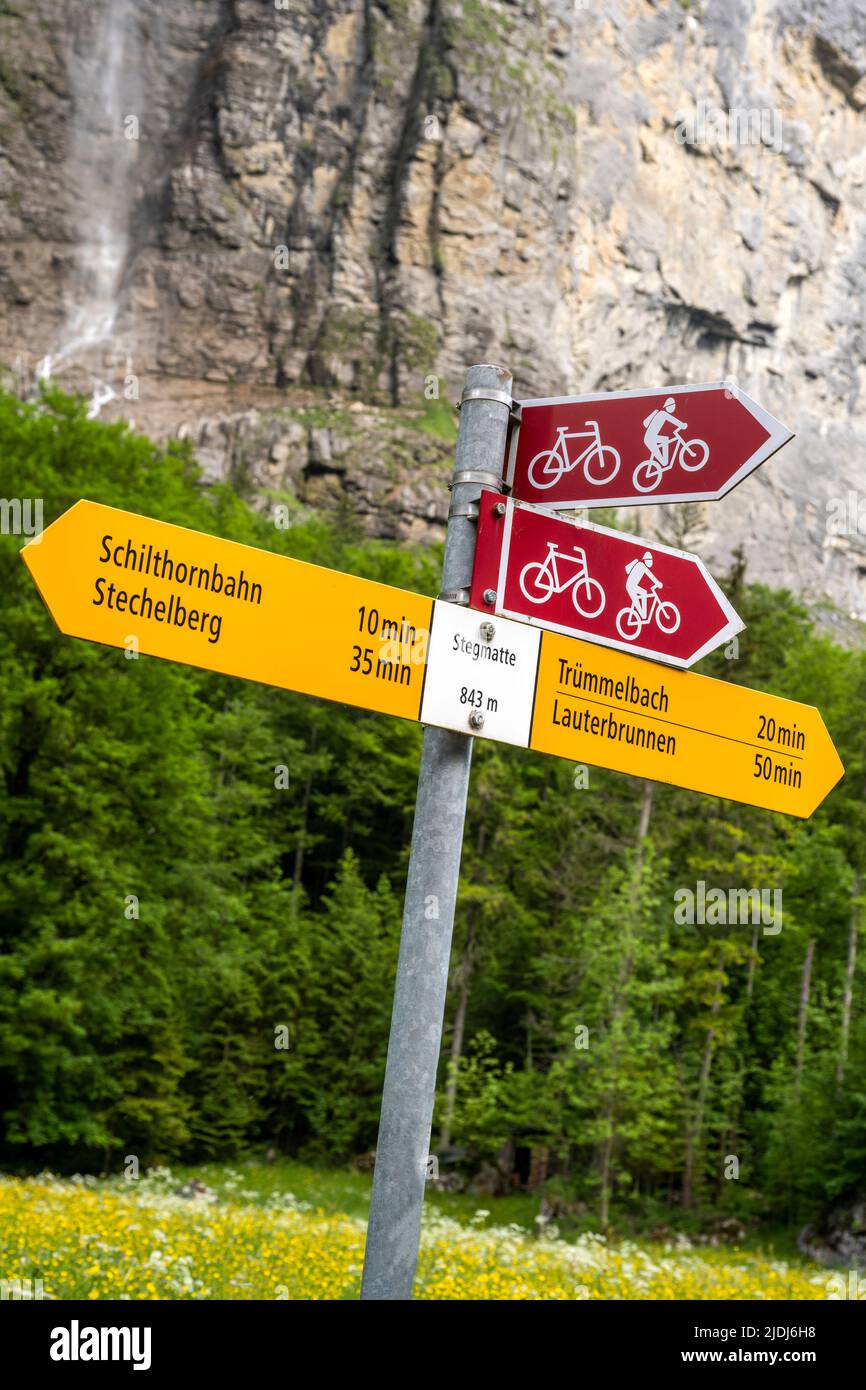 Hiking trails signpost, Lauterbrunnen, Canton of Bern, Switzerland Stock Photo