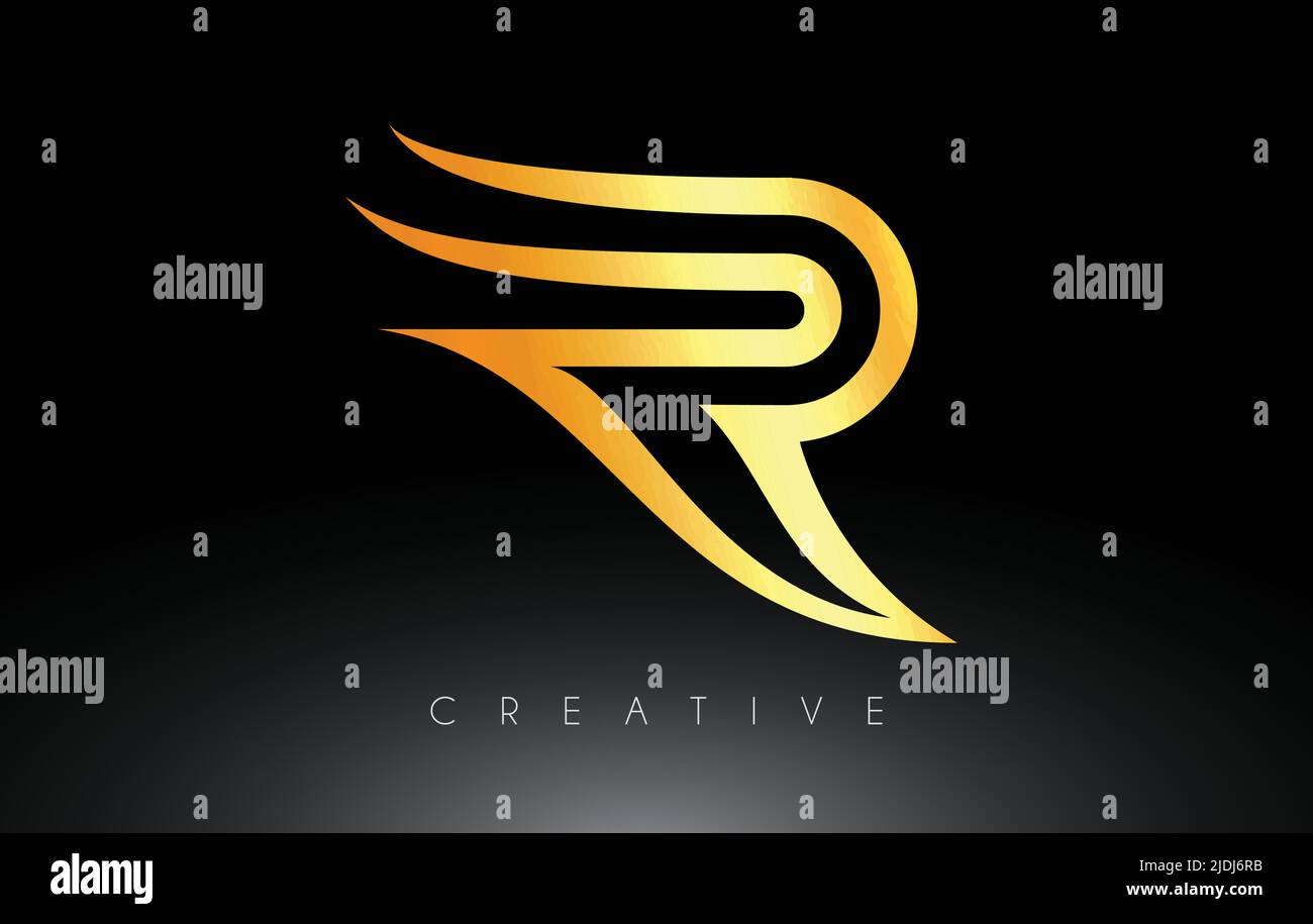 Golden R Letter Logo with Swoosh Creative Lines and Monogram Look ...
