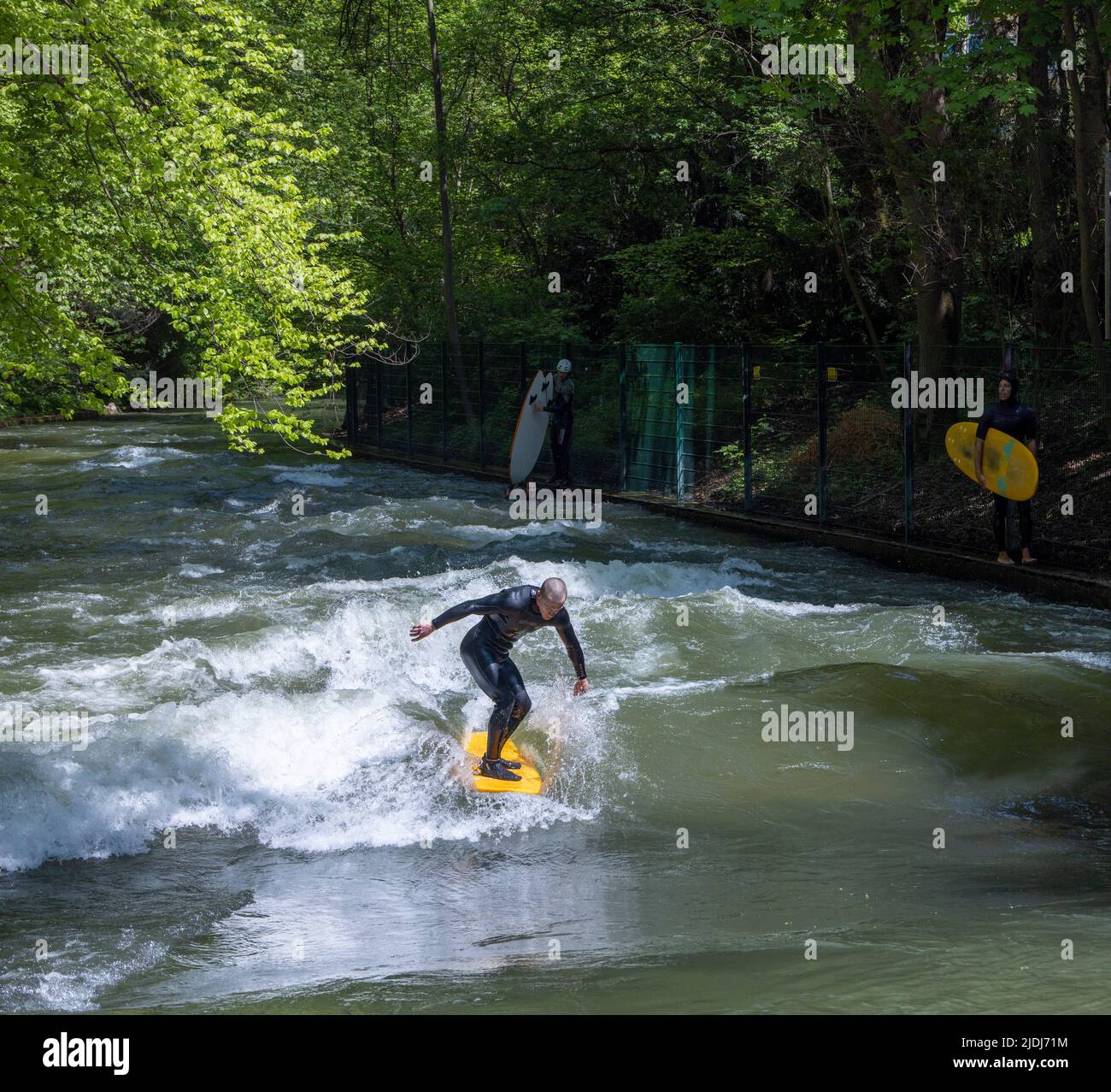Surfer on the Eisbach river, English Garden city park, Munich, Germany Stock Photo