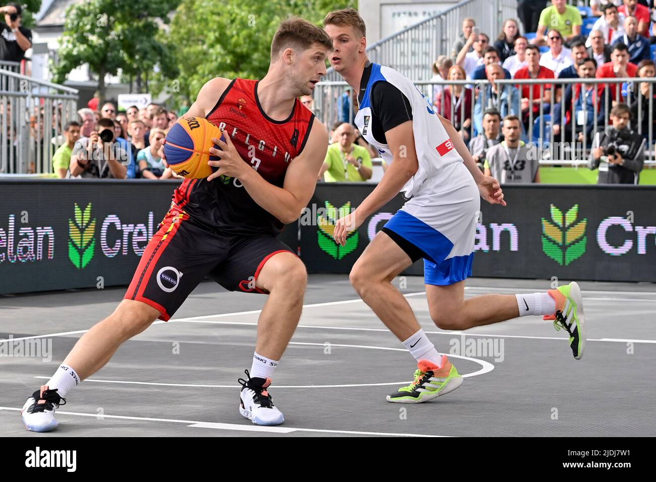 Antwerp. Belgium, 21 June 2022, Belgium's Bryan De Valck pictured in action  during a 3x3 basketball game between Belgium and Slovenia, in the first  game (out of four) of the Men's Qualifier