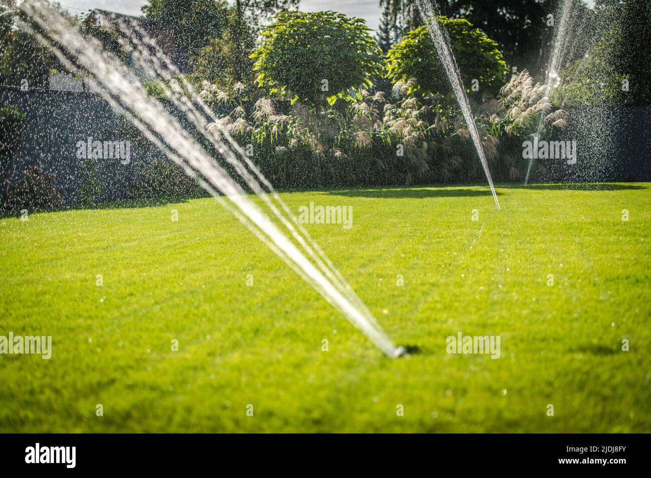 Sprinkling the Lawn with Automatic Garden Watering System. Taking Care of Grass During Hot Summer Days Using Dedicated Equipment for Garden Maintenanc Stock Photo