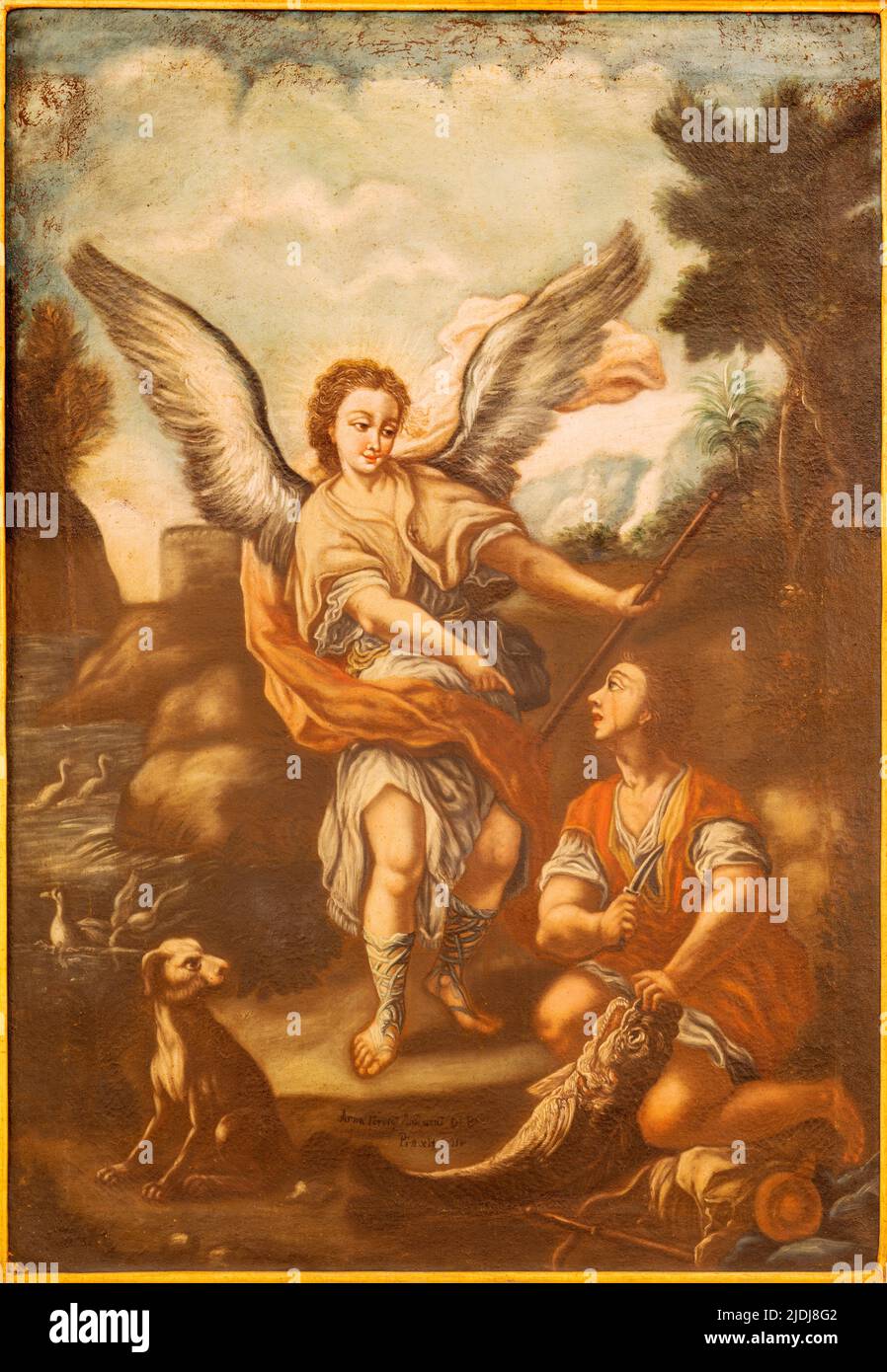 MONOPOLI, ITALY - MARCH 6, 2022: The painting of Thobias and Archangel Raphael  in the church Chiesa di San Antonio by  Anna Teresa Antonacci (1750). Stock Photo