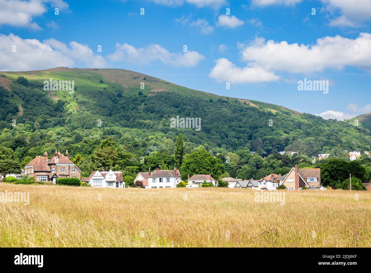 The Malvern Hills and houses of Great Malvern seen from the south east