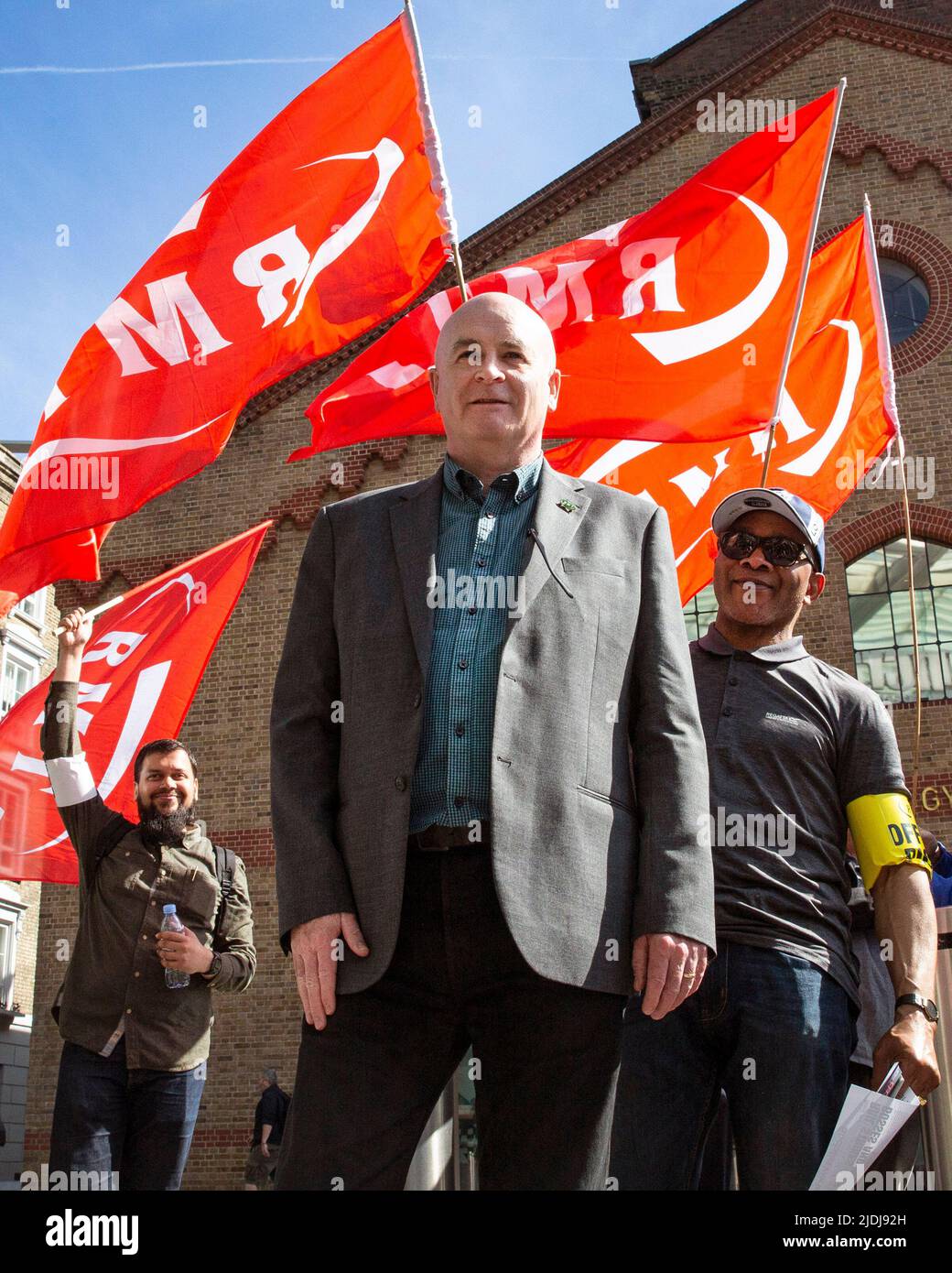 London ,United Kingdom  -21/06/2022. London ,United Kingdom  -21/06/2022. Secretary-General of the National Union of Rail, Maritime and Transport Workers Mick Lynch is seen with workers picketing at StPancras Station, London.  .Credit: Joshua Bratt Stock Photo