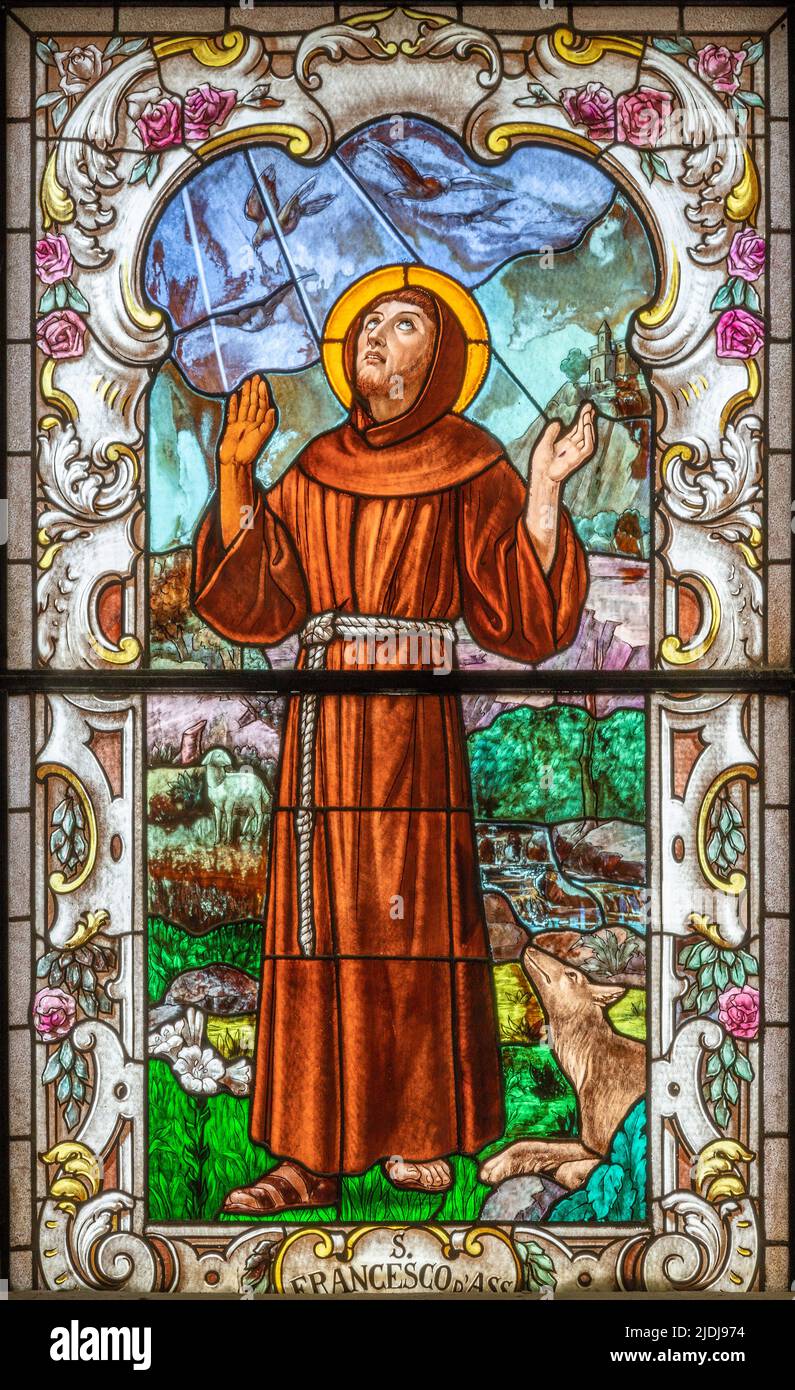 MATERA, ITALY - MARCH 7, 2022: The St. Francis of Assisi in the baroque stained glass in the church Chiesa di San Francesco Assisi. Stock Photo