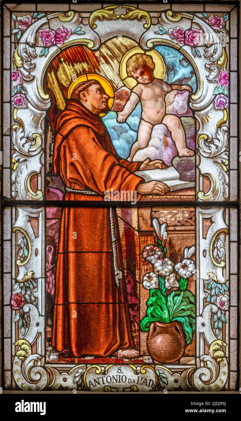 MATERA, ITALY - MARCH 7, 2022: The St. Anthony of Padua in the baroque stained glass in the church Chiesa di San Francesco Assisi. Stock Photo