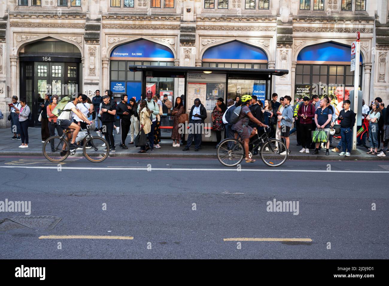 June 21st. Rail and underground strike in London. Bus queue opposite