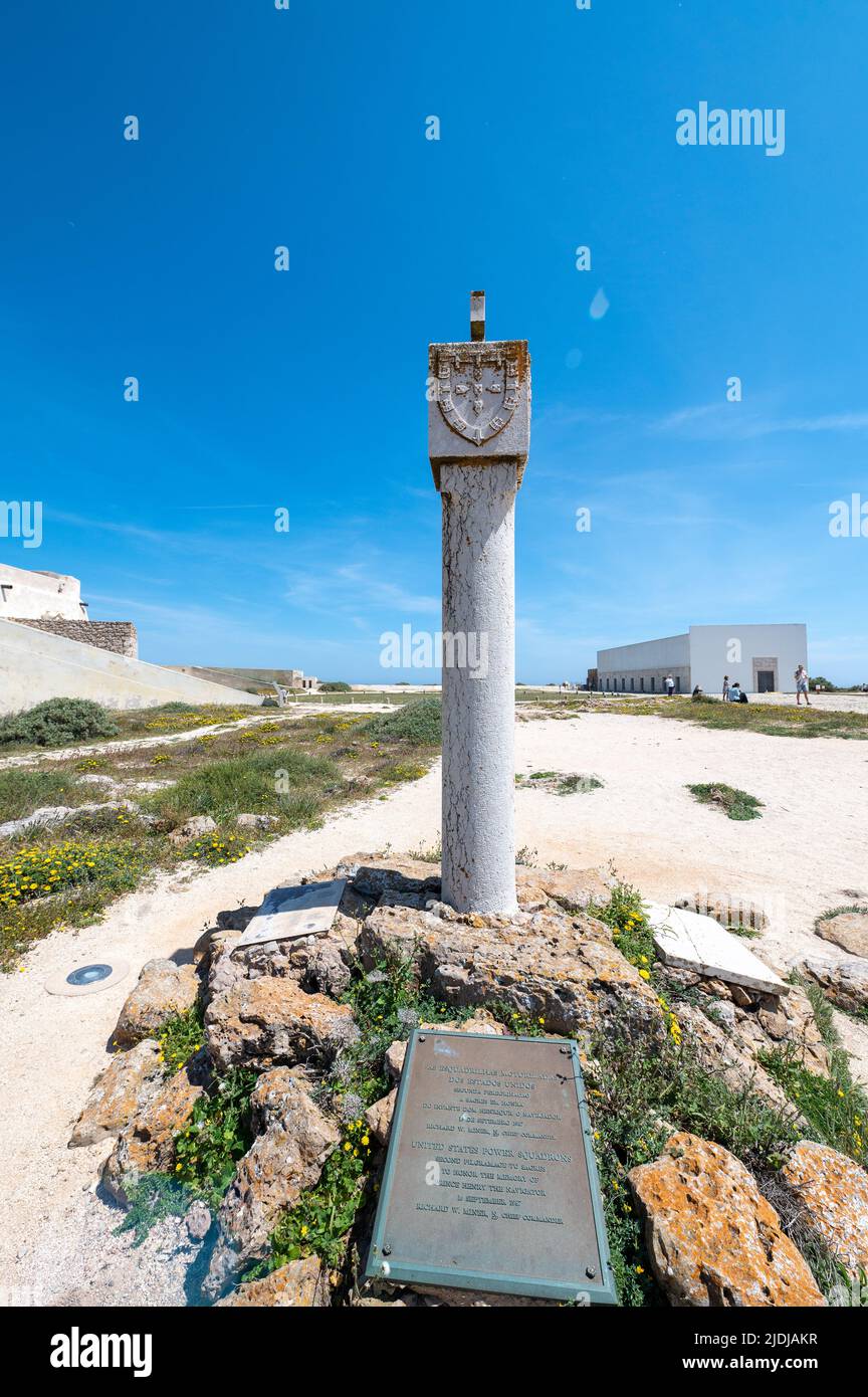 Sagres, Portugal . 2022 May 7 . Commemorative plaque to 'Henrique the Navigator' the Sagre Fortress in the Algarve, Portugal in summer. Stock Photo