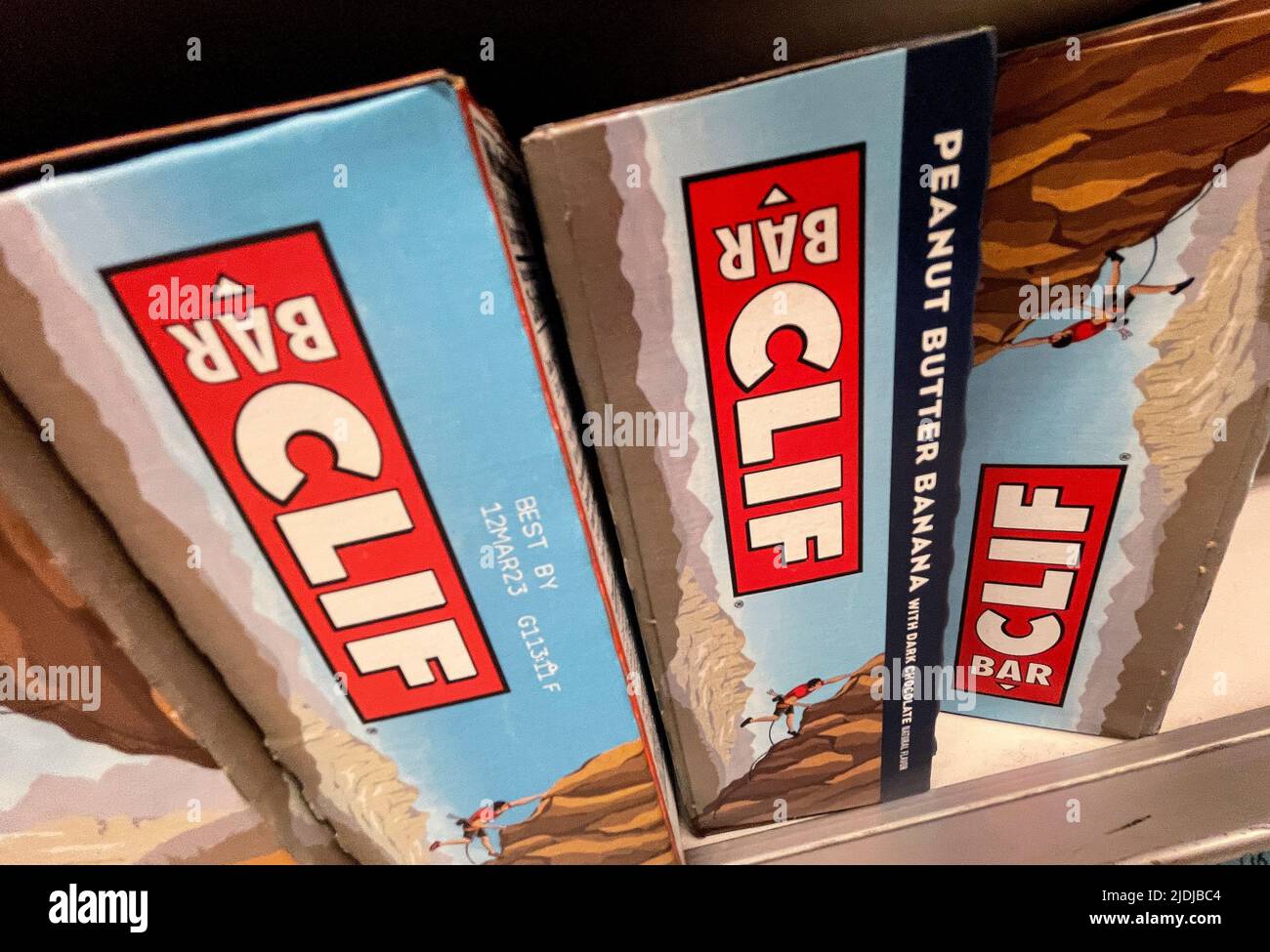 Clif Bar products are pictured in a market after Mondelez International Inc, (MDLZ.O) said on Monday it will buy energy bar maker Clif Bar & Company for $2.9 billion to expand its global snack bar business, in New York, U.S., June 21, 2022. REUTERS/Mike Segar Stock Photo