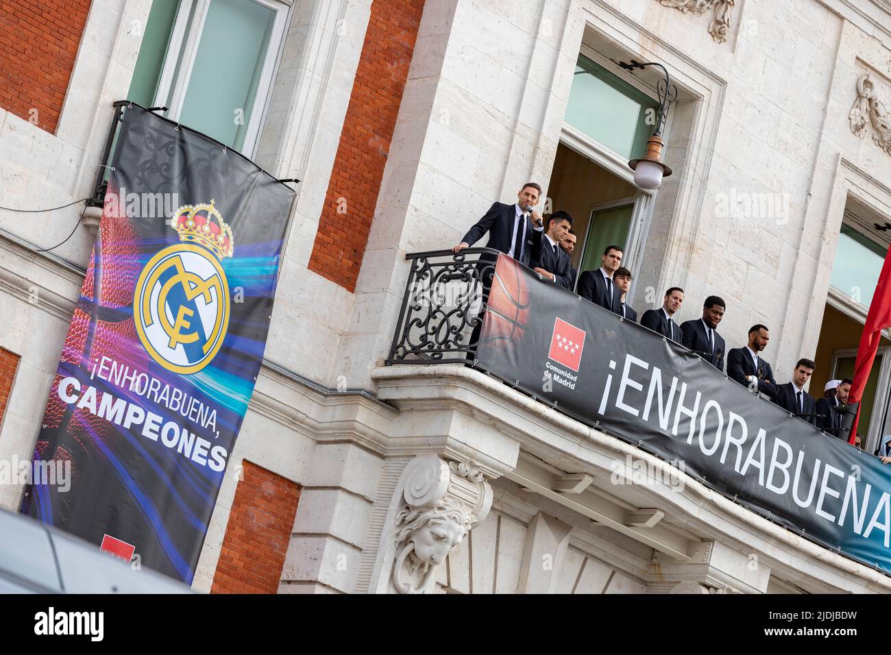 Real Madrid. Celebration. Celebration of the Madrid basketball team in the league cup. Players like Rudy Fernández or Sergio Llull. Stock Photo