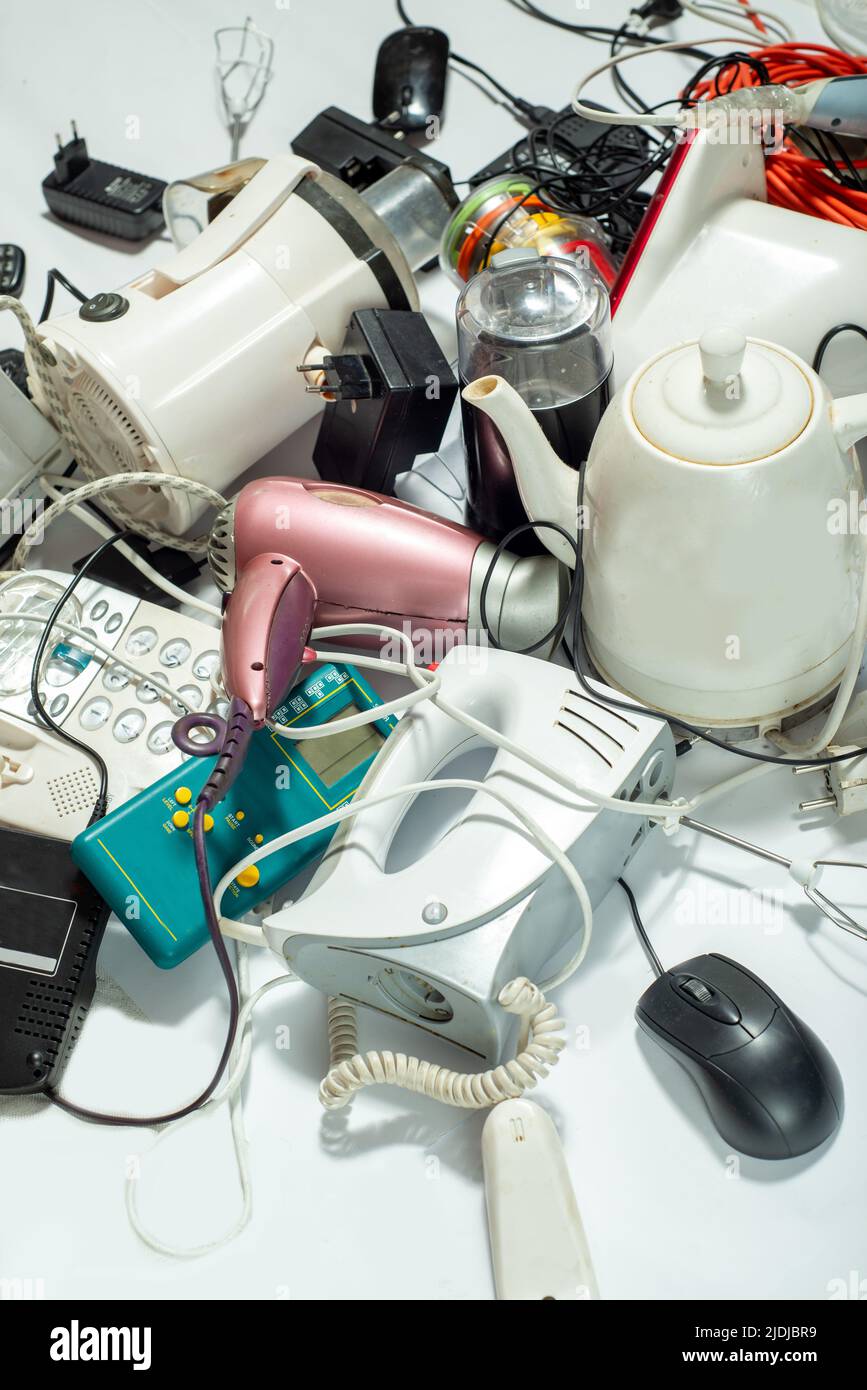 Lots of old electrical appliances for recycling ewaste. Sustainable
