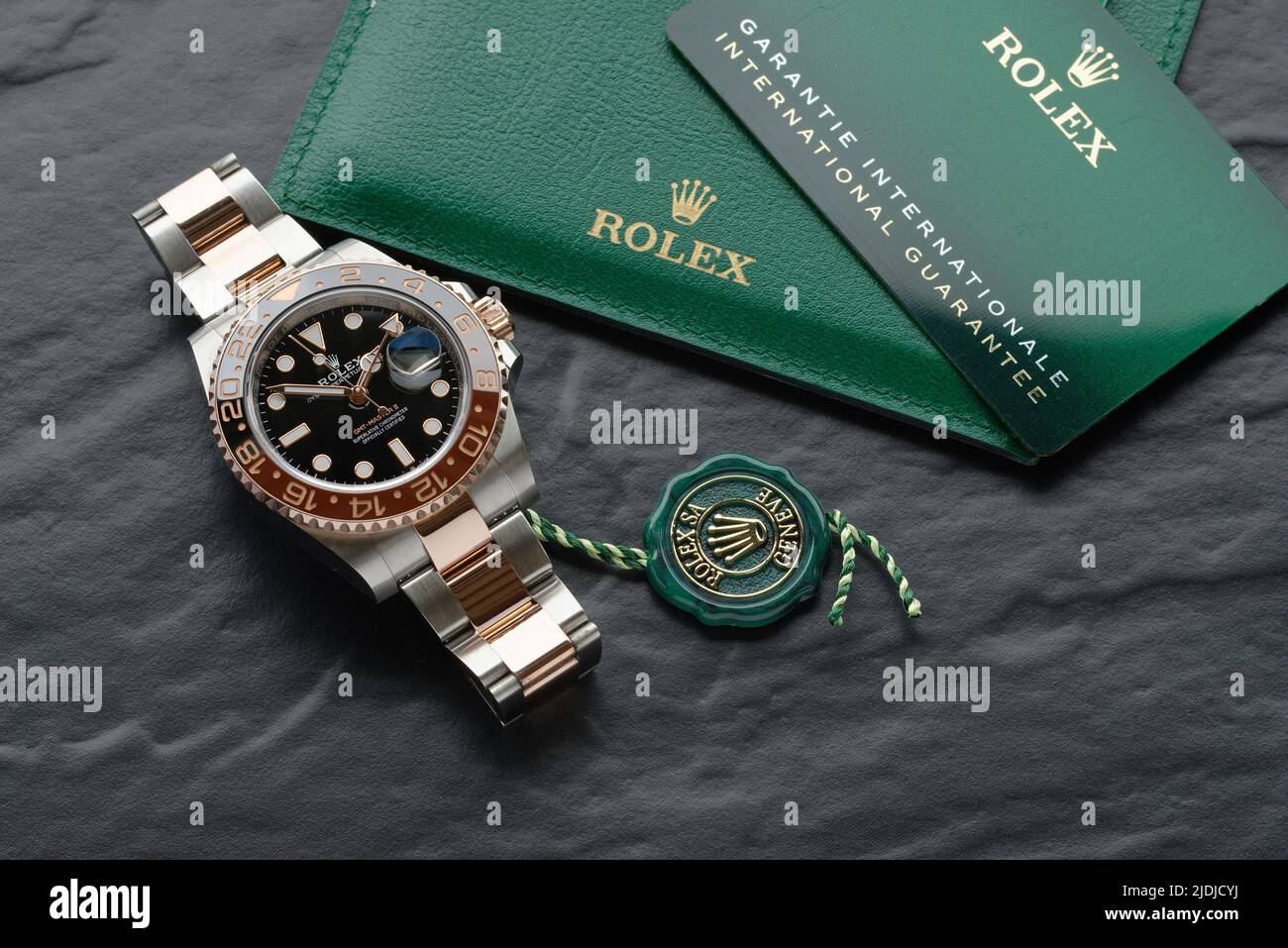 A Rolex Oyster perpetual date wristwatch. GMT Master II . Oyster steel and Everose bracelet. Stock Photo