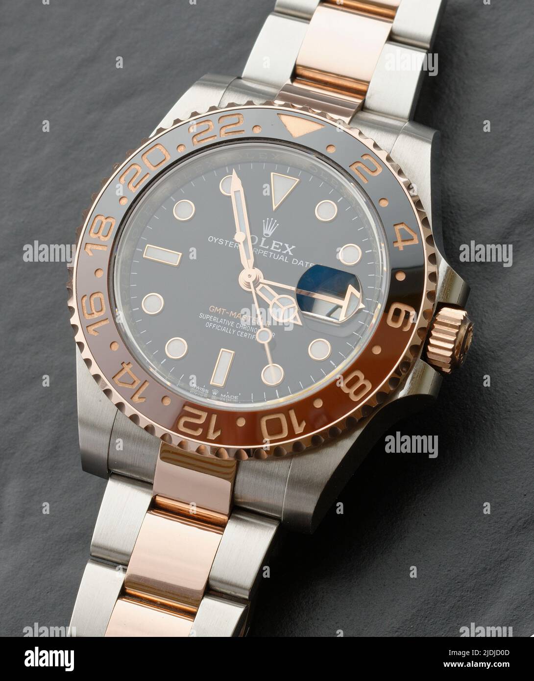 A Rolex Oyster perpetual date wristwatch. GMT Master II . Oyster steel and Everose bracelet. Stock Photo