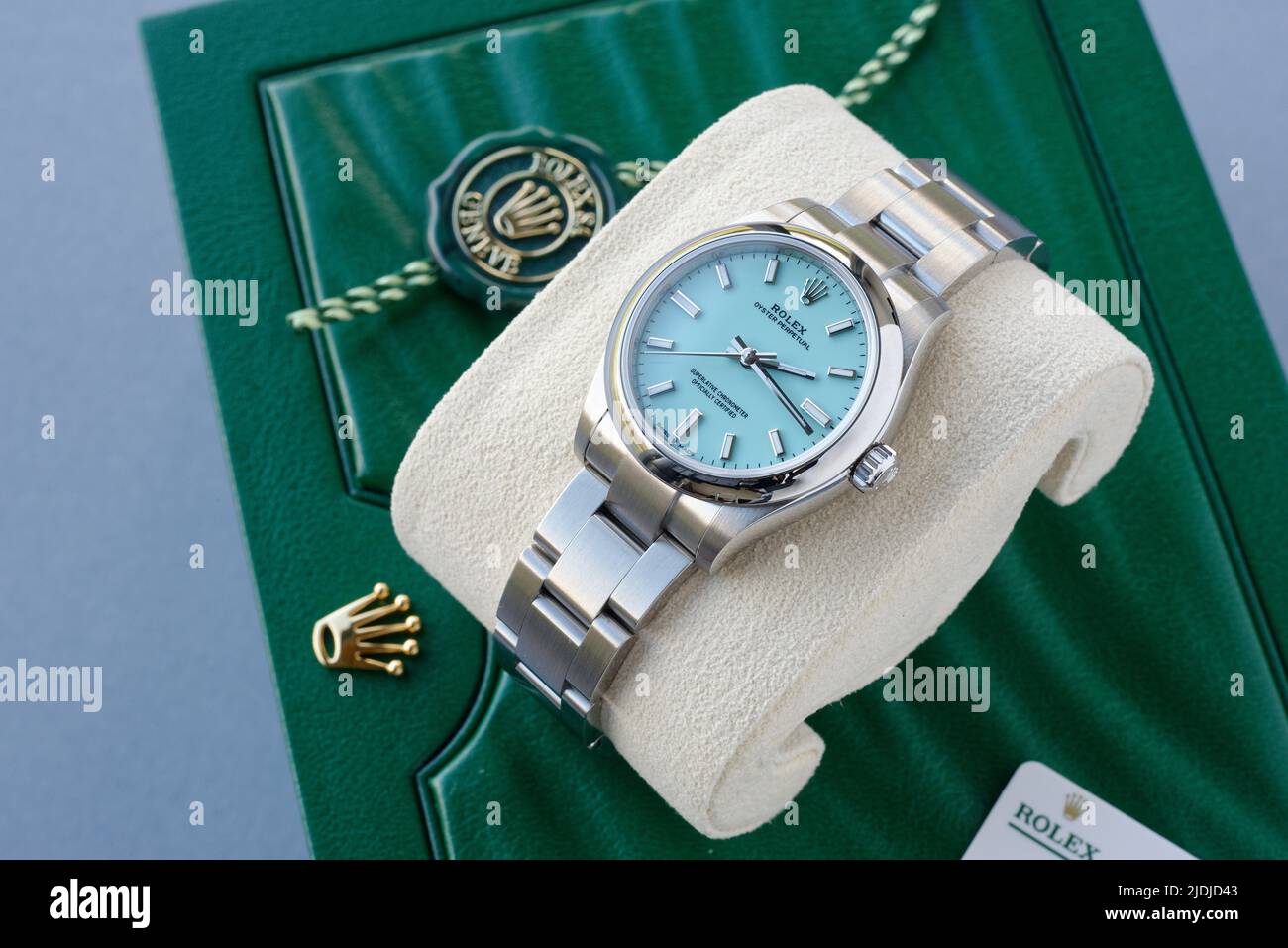 Rolex Oyster Perpetual, superlative chronometer officially certified. Tiffany Turquoise Blue face. Stock Photo
