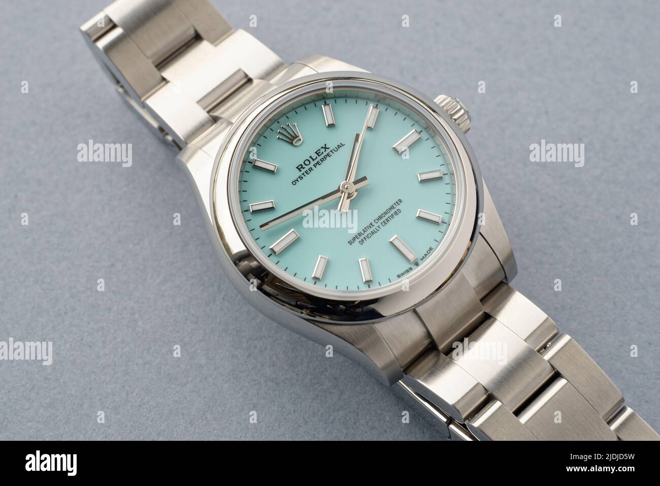 Rolex Oyster Perpetual, superlative chronometer officially certified. Tiffany Turquoise Blue face. Stock Photo
