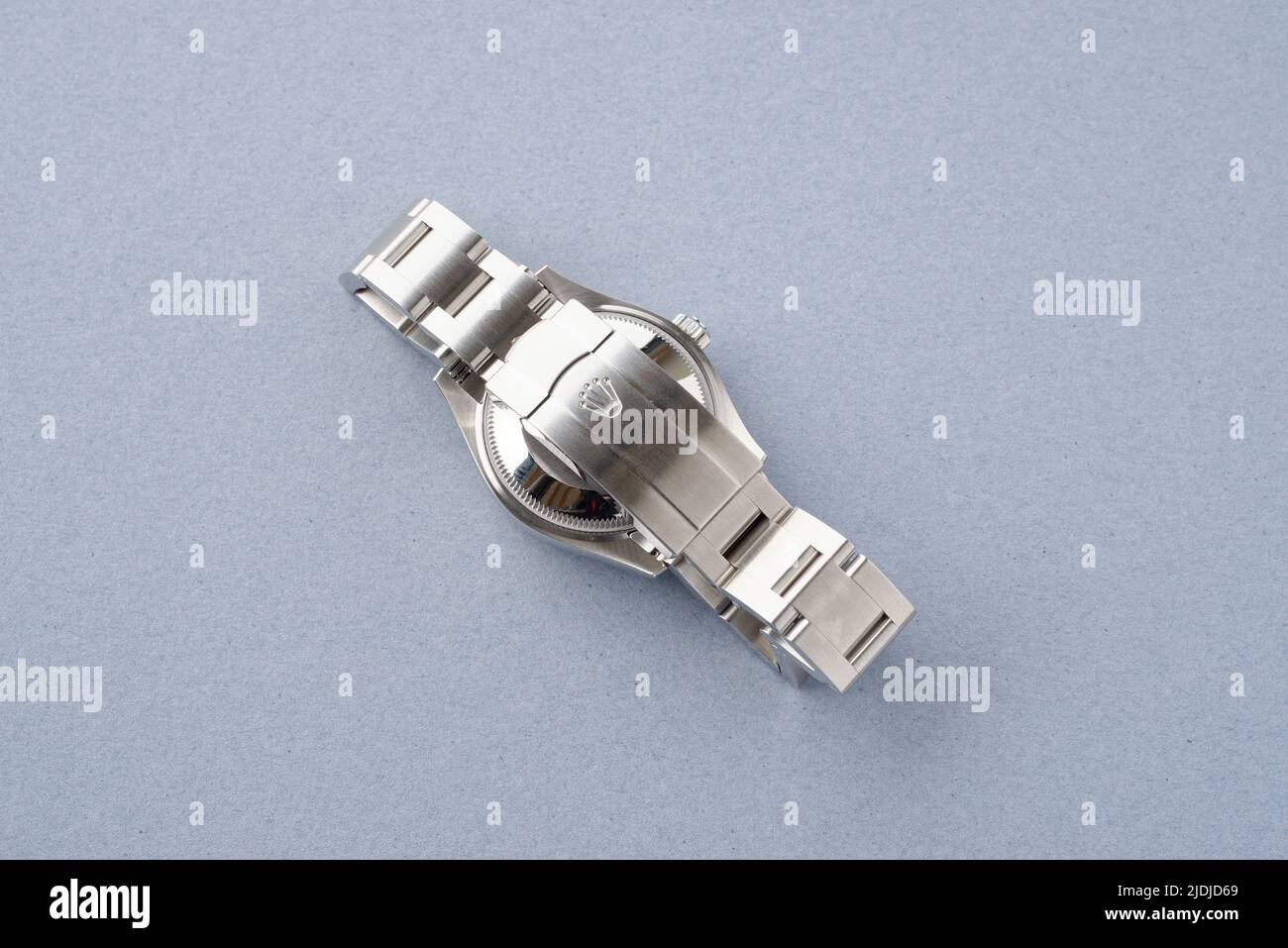 The back of a Rolex wristwatch showing the metal bracelet strap. Stock Photo