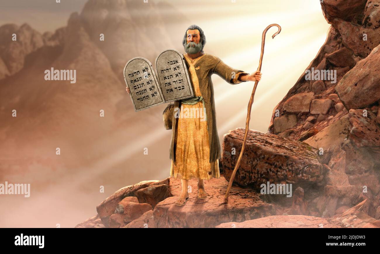 Moses holding 10 Commandments tablets coming down  mount Sinai, 3d render. Stock Photo