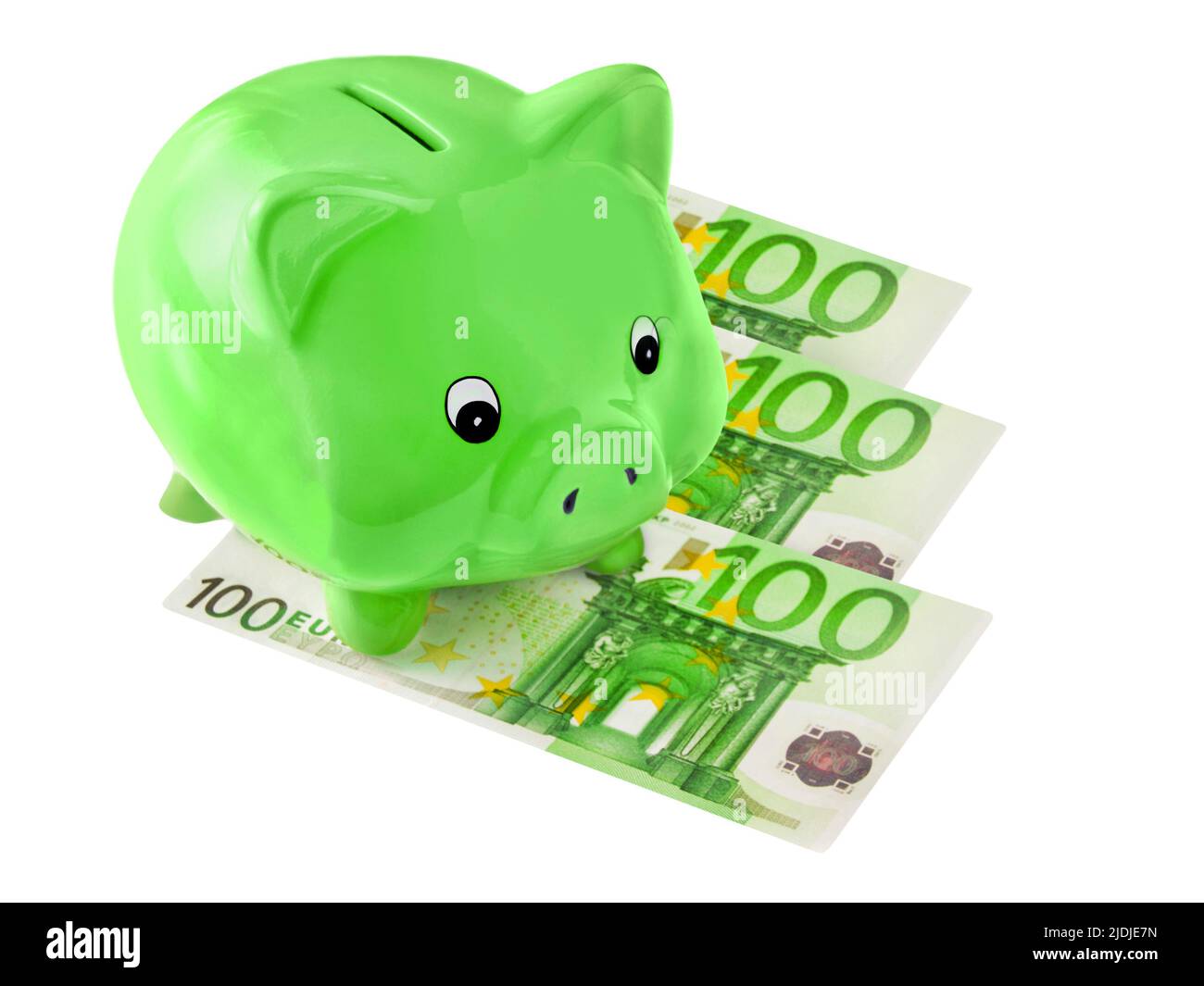 Grünes Sparschwein und 300 Euro auf weissem Hintergrund Stock Photo