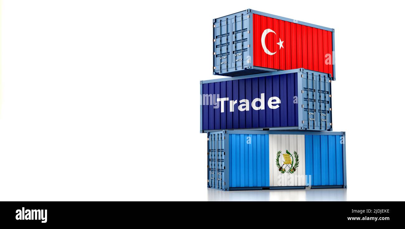 Cargo containers with Turkey and Guatemala national flags. 3D Rendering Stock Photo