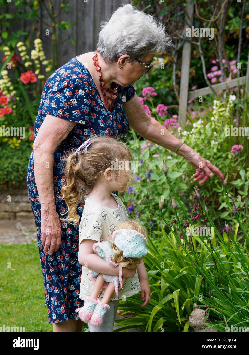 Great grandmother showing great grandchild her garden, Devon, UK Stock Photo