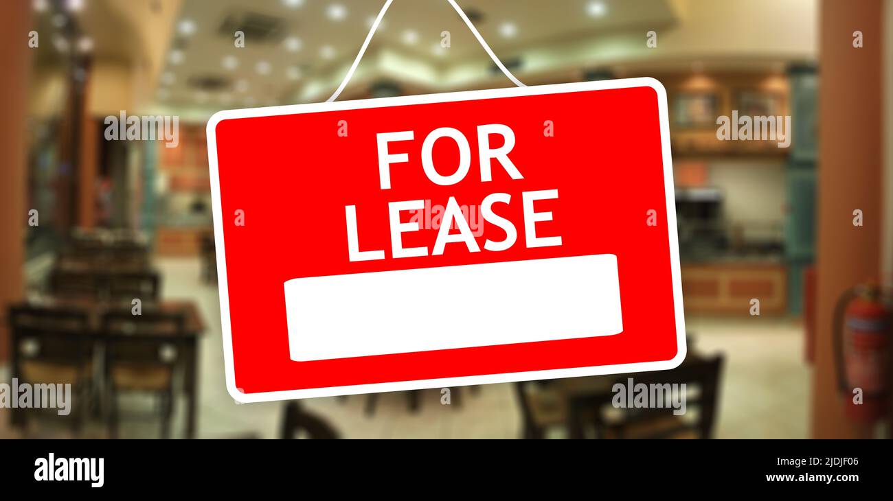 FOR LEASE red sign with white word and empty space for text, promotion, advertising template. Hanged label out of store glass door, hire from agent. C Stock Photo