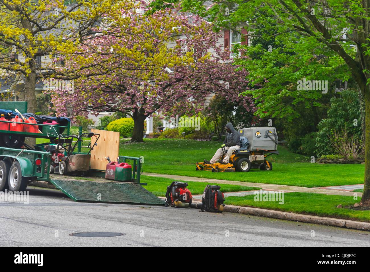 landscaping workers cutting grass, Glen Ridge, New Jersey, NJ ,USA Stock Photo