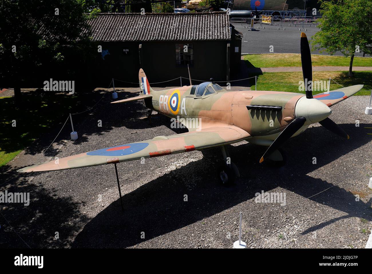 A preserved Supermarine Spitfire R6690 museum exhibit at Yorkshire Air Museum in Elvington,North Yorkshire Stock Photo