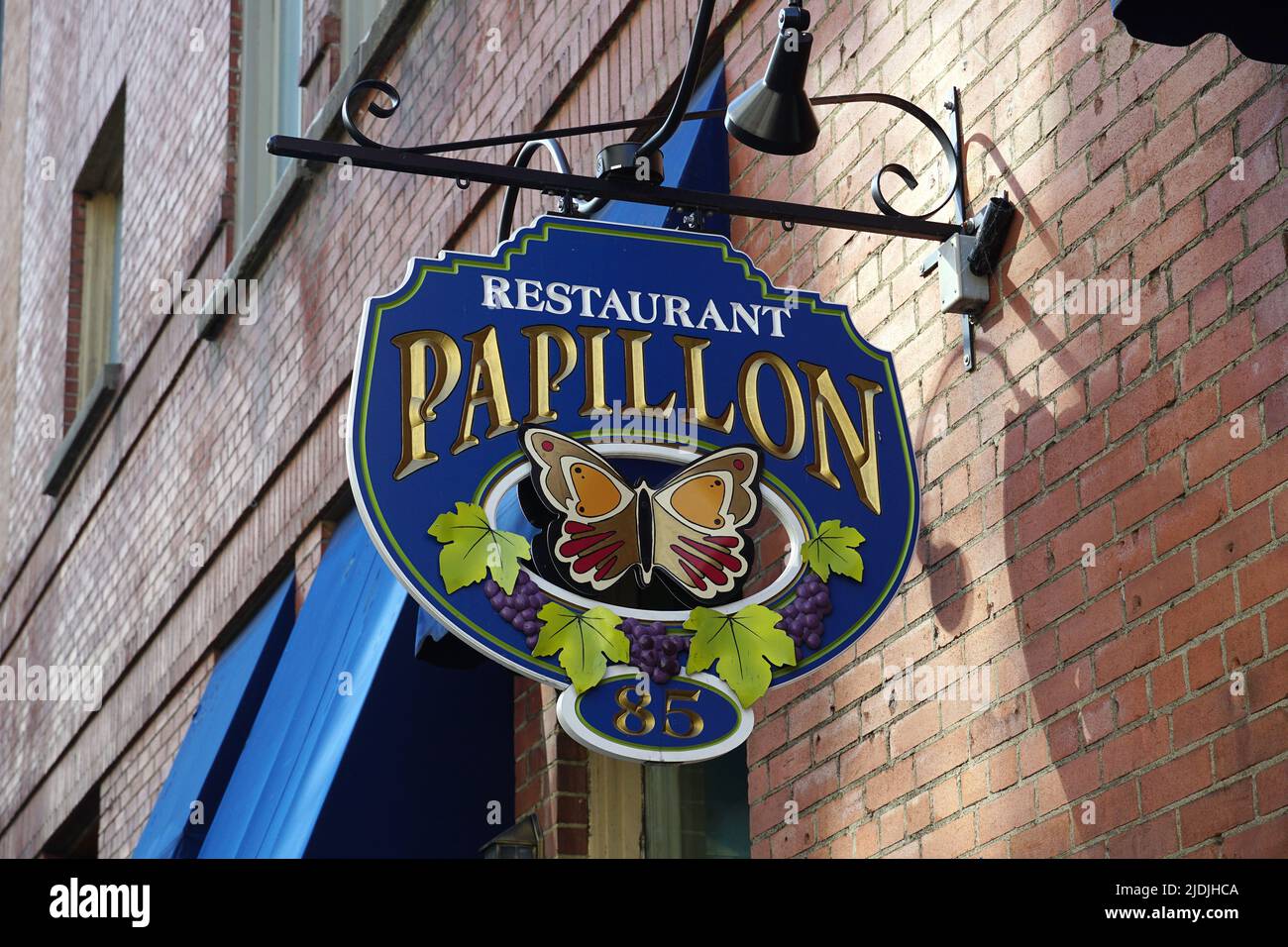 Sign of Restaurant Papillon, Montreal, Quebec province, Canada, North America Stock Photo